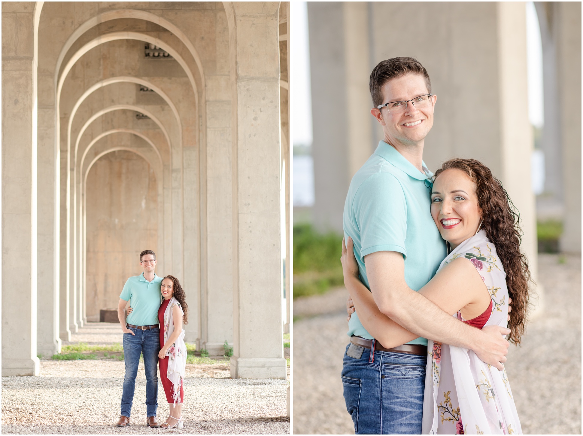 Two Images of an engaged couple under the Hanover Street Bridge
