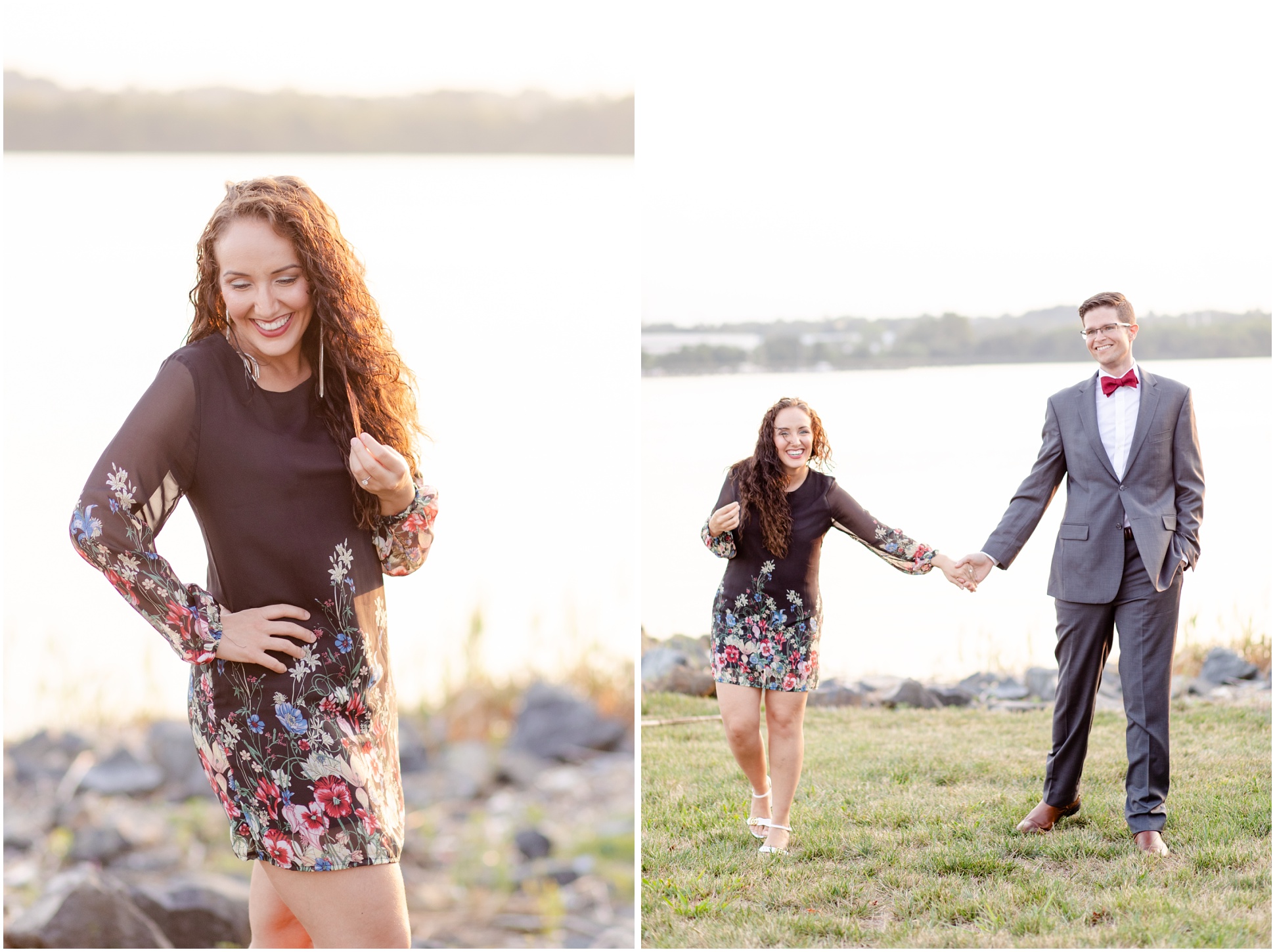 Two images of a couples engagement session at West Covington Park in Baltimore