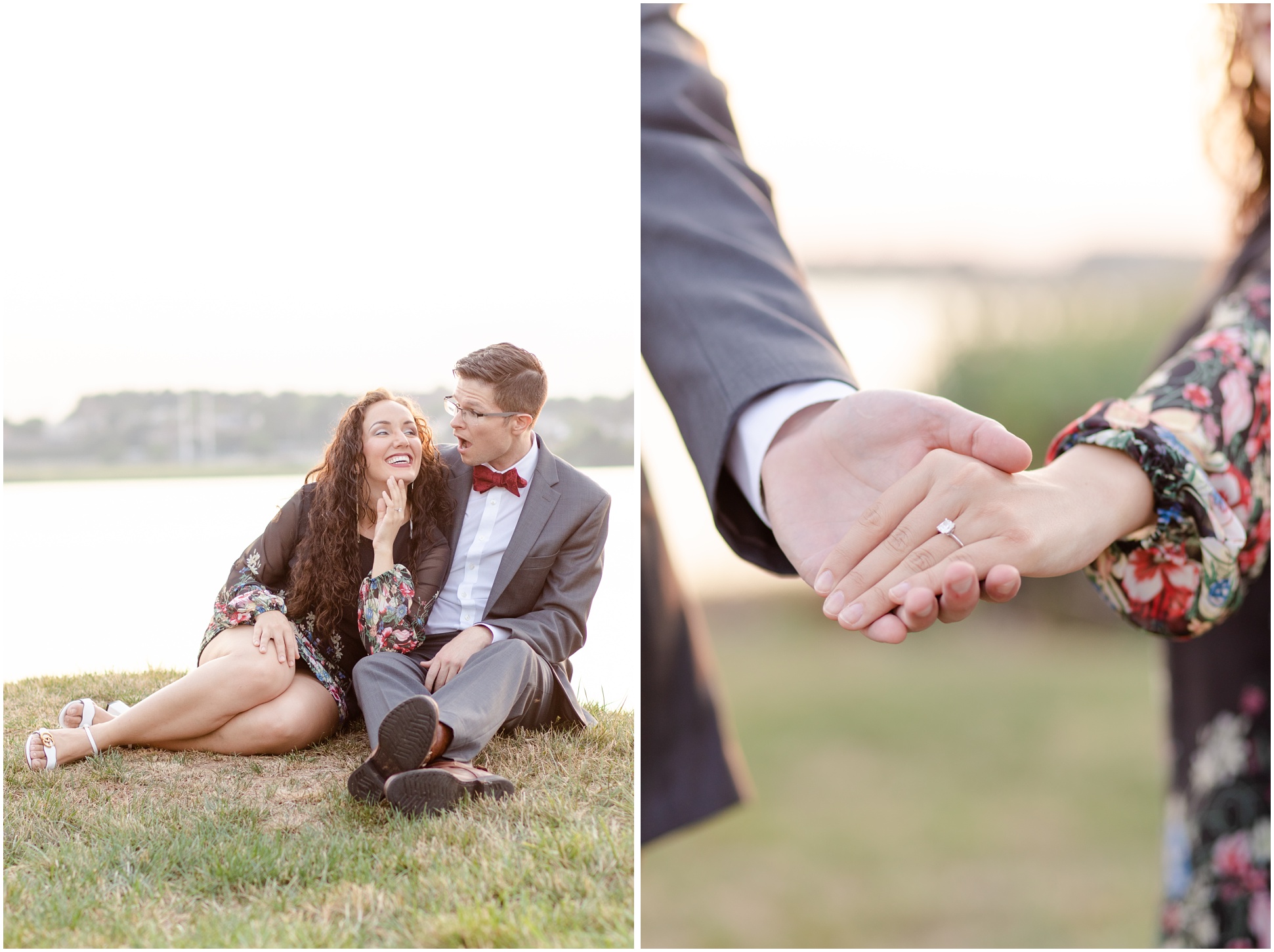 Couple snuggled up in formal attire by the water, right image: holding hands
