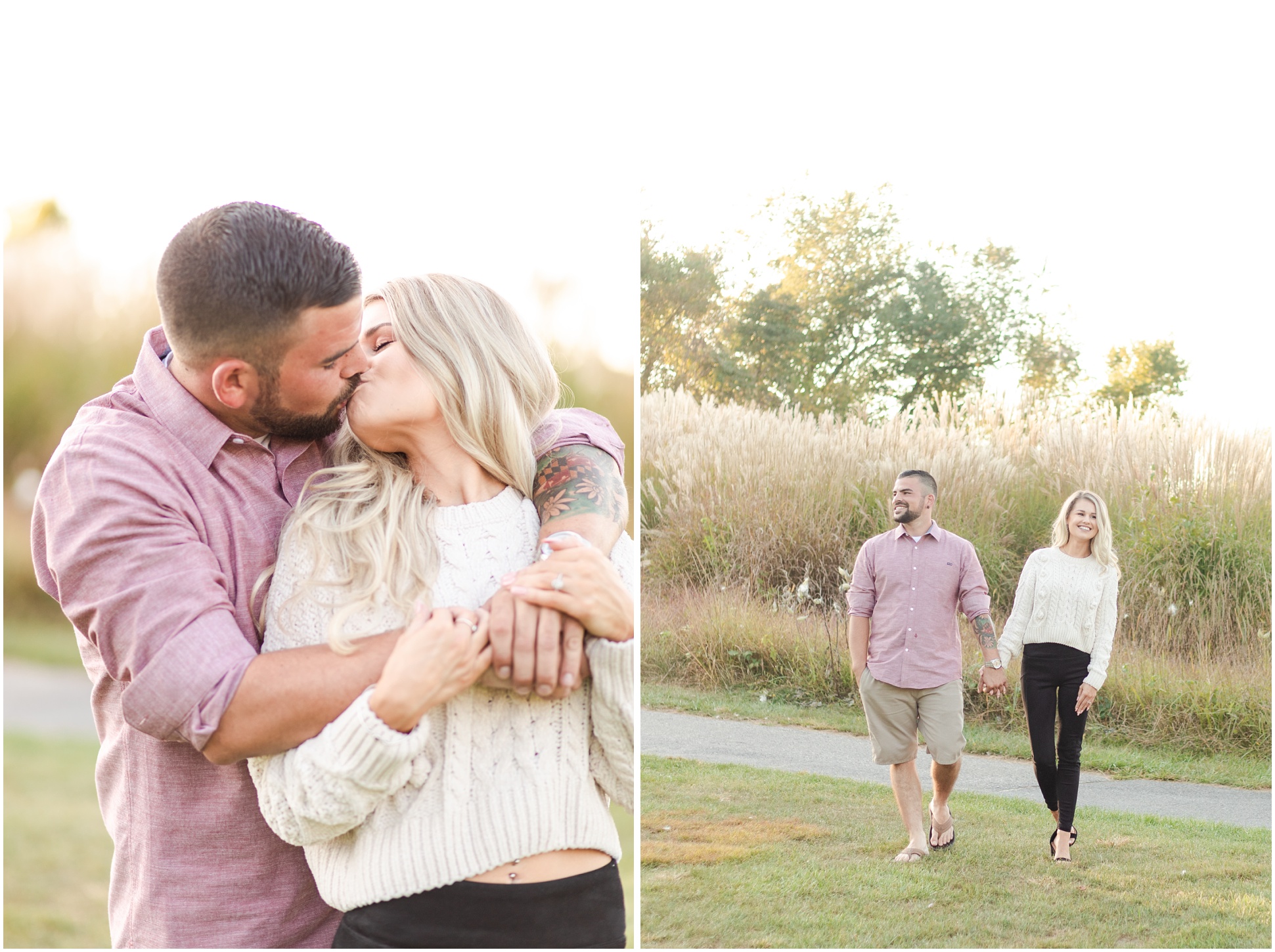 Left: close up of engaged couple kissing while wrapped around each other, right: couple walking. 