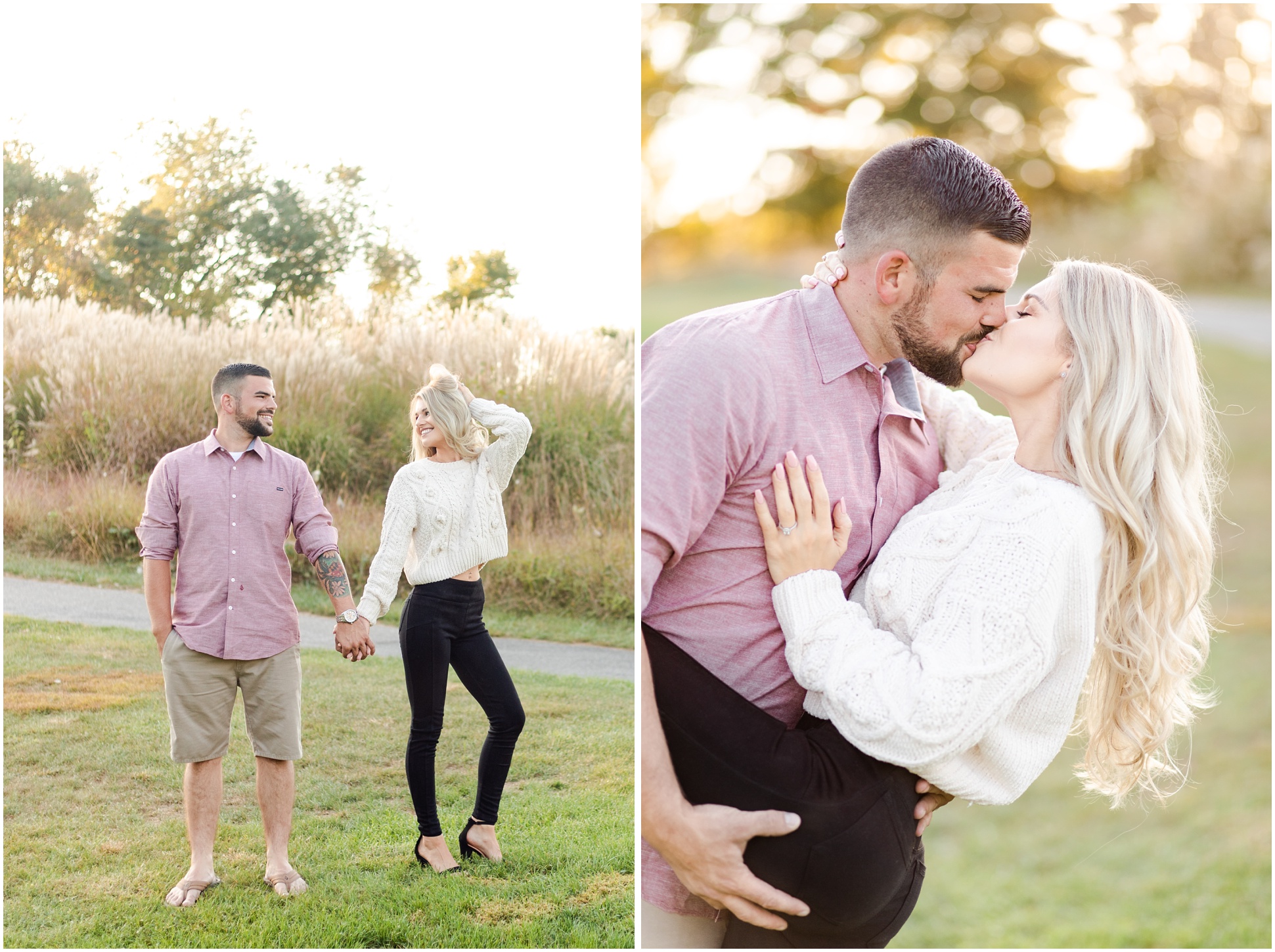 Groom wearing magenta button up shirt and khaki shorts, bride wearing blast pants heals, and a white sweater.
