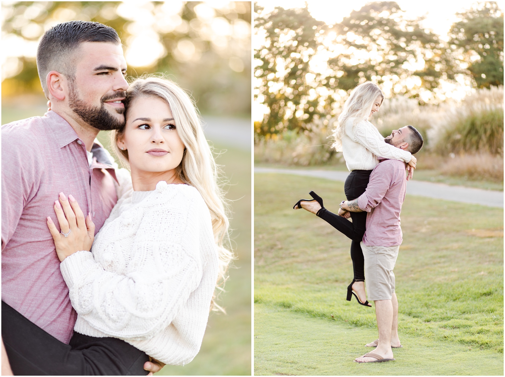Two images from an engagement session on Greystone Golfcourse