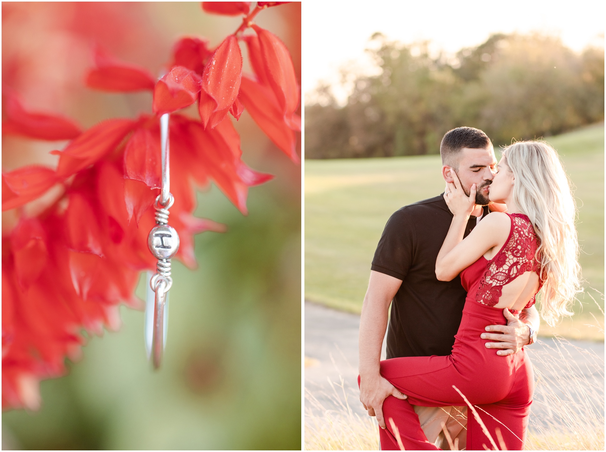 Left: Bracelet with the letter H charm hanging on a red flower. Right: woman in red open back jumpsuit kissing her fiance