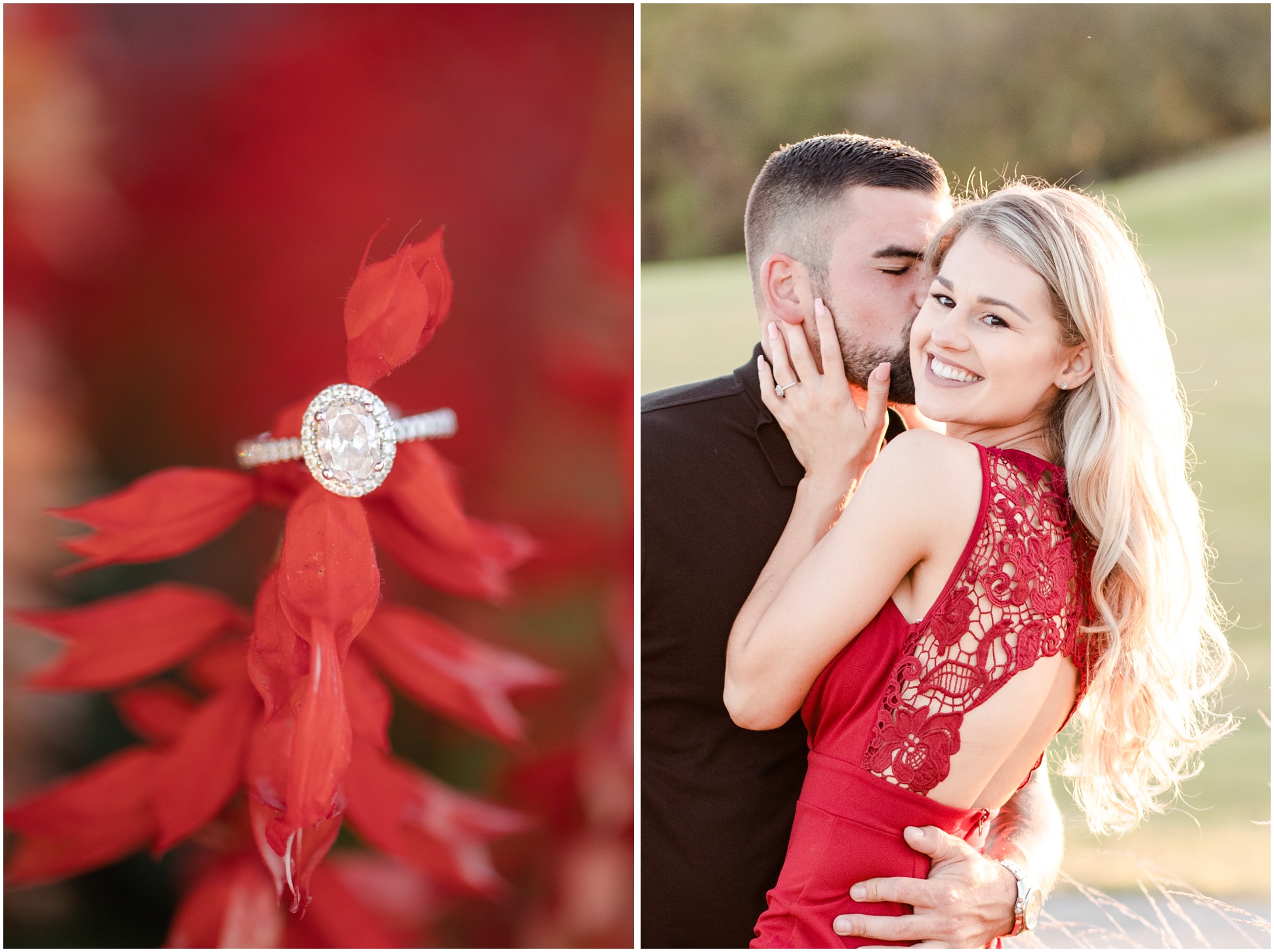 Oval engagement ring on a red flower stem, right: Landry wearing a red jumpsuit as her fiance kisses her.
