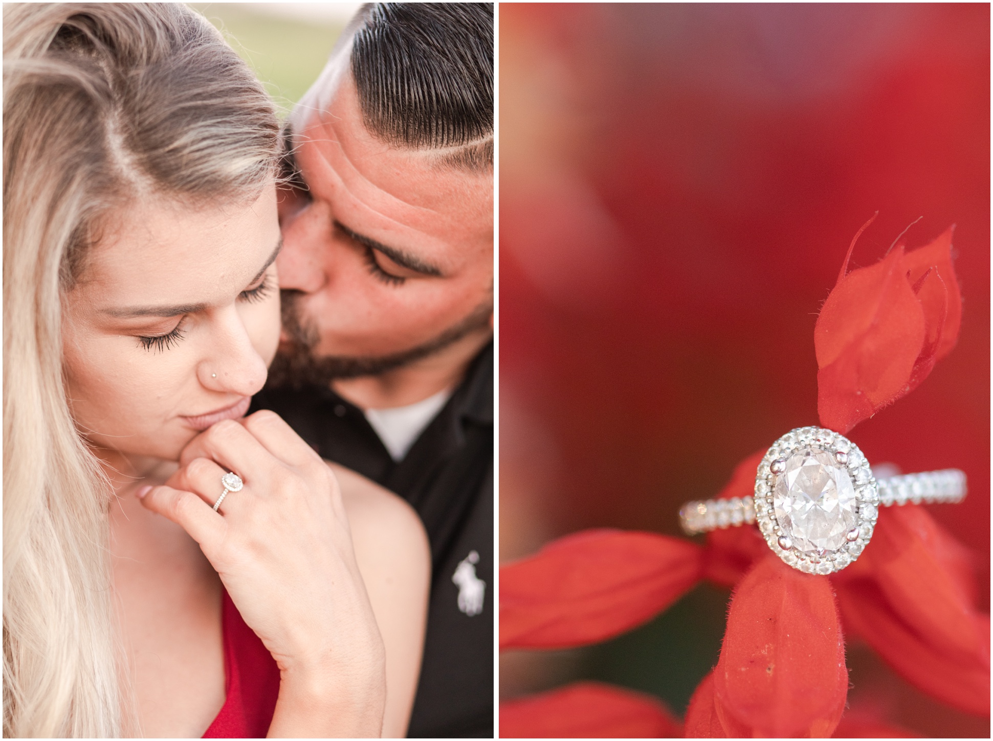 Bobby kissing Landry from behind and her oval engagement ring on a red flower