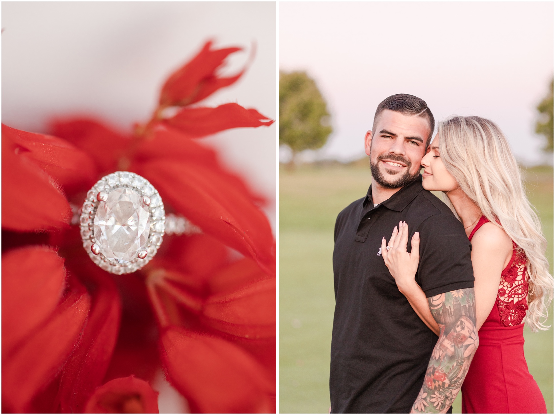 Two images from Landry and Bobby's engagement session in red
