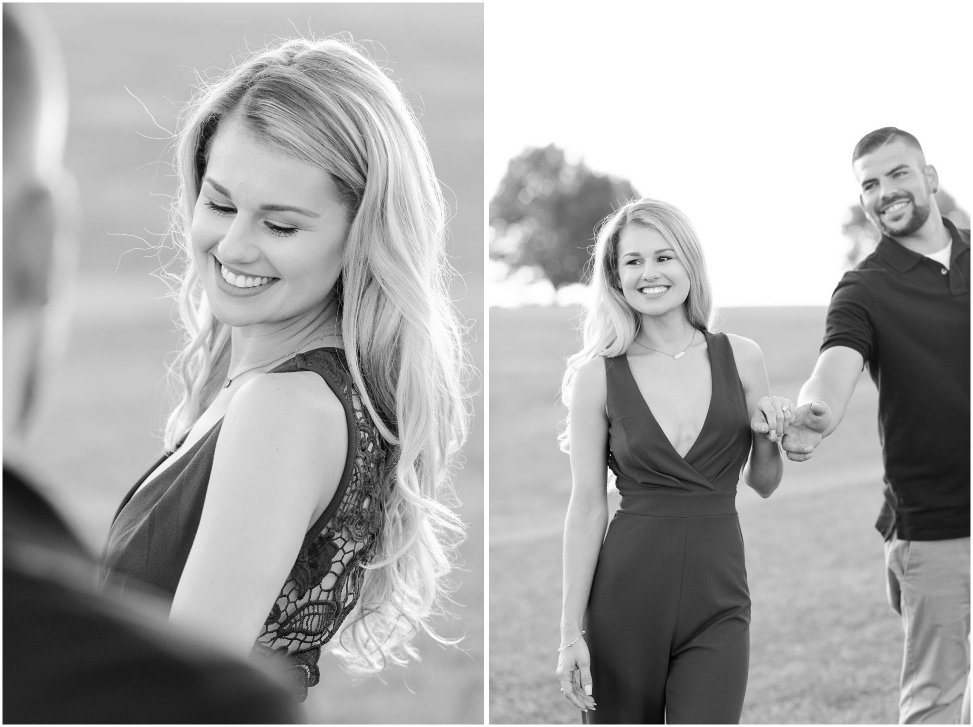 Two black and white photographs of Landry R. during her engagement session