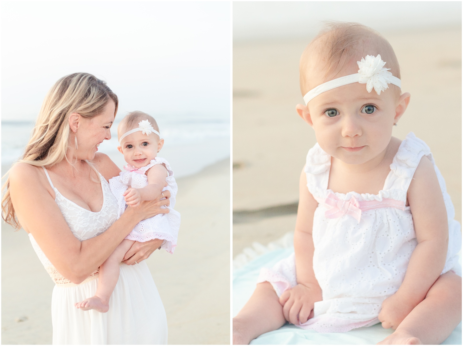 Two images of a beach mommy and me session