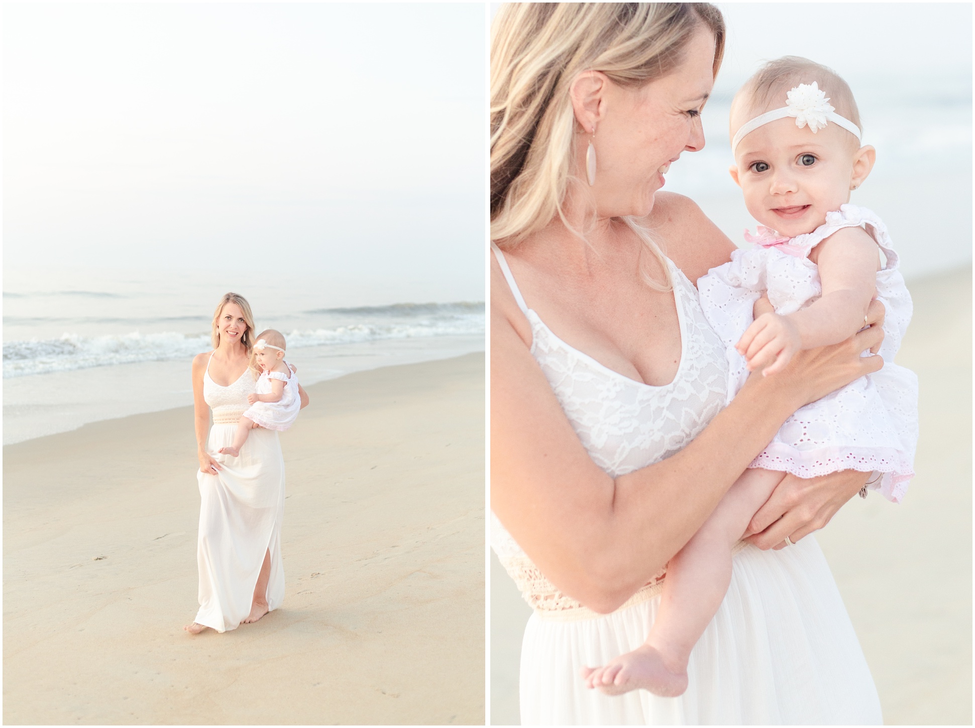 Two images of a new mommy and her baby girl walking on the beach in Ocean City MD