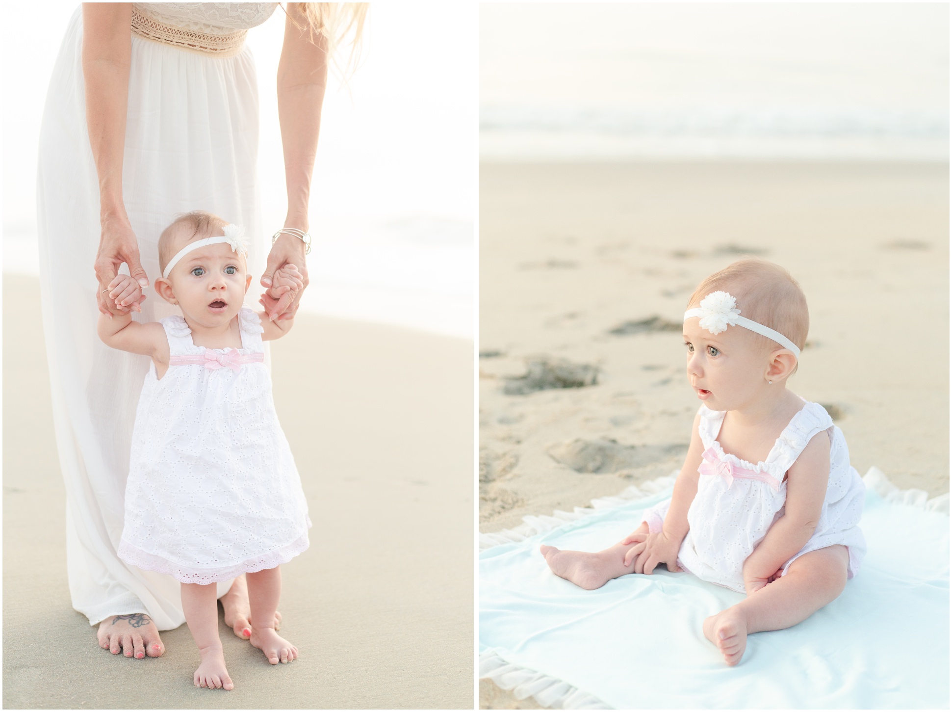 Left: Lily standing up like a big girl on the sand, Right: Lily sitting on a blue blanket on the beach