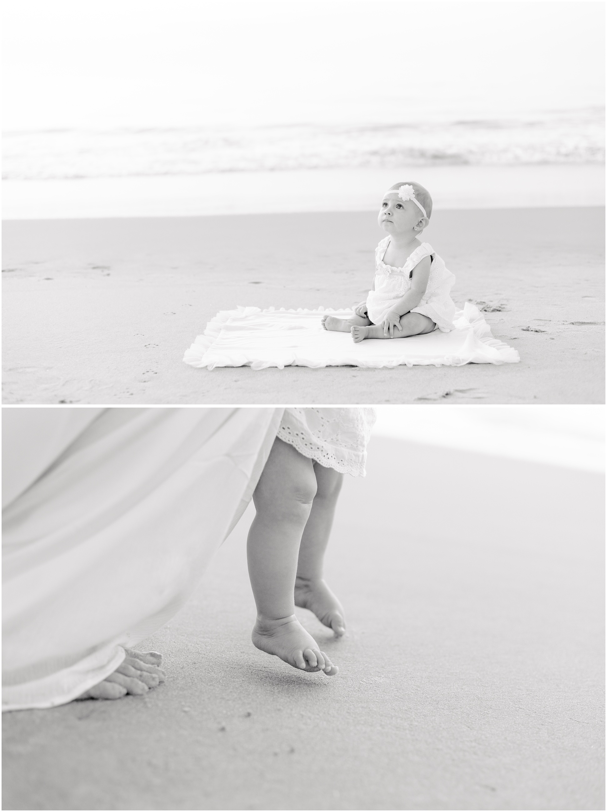 Two black and white images of Lily on the beach