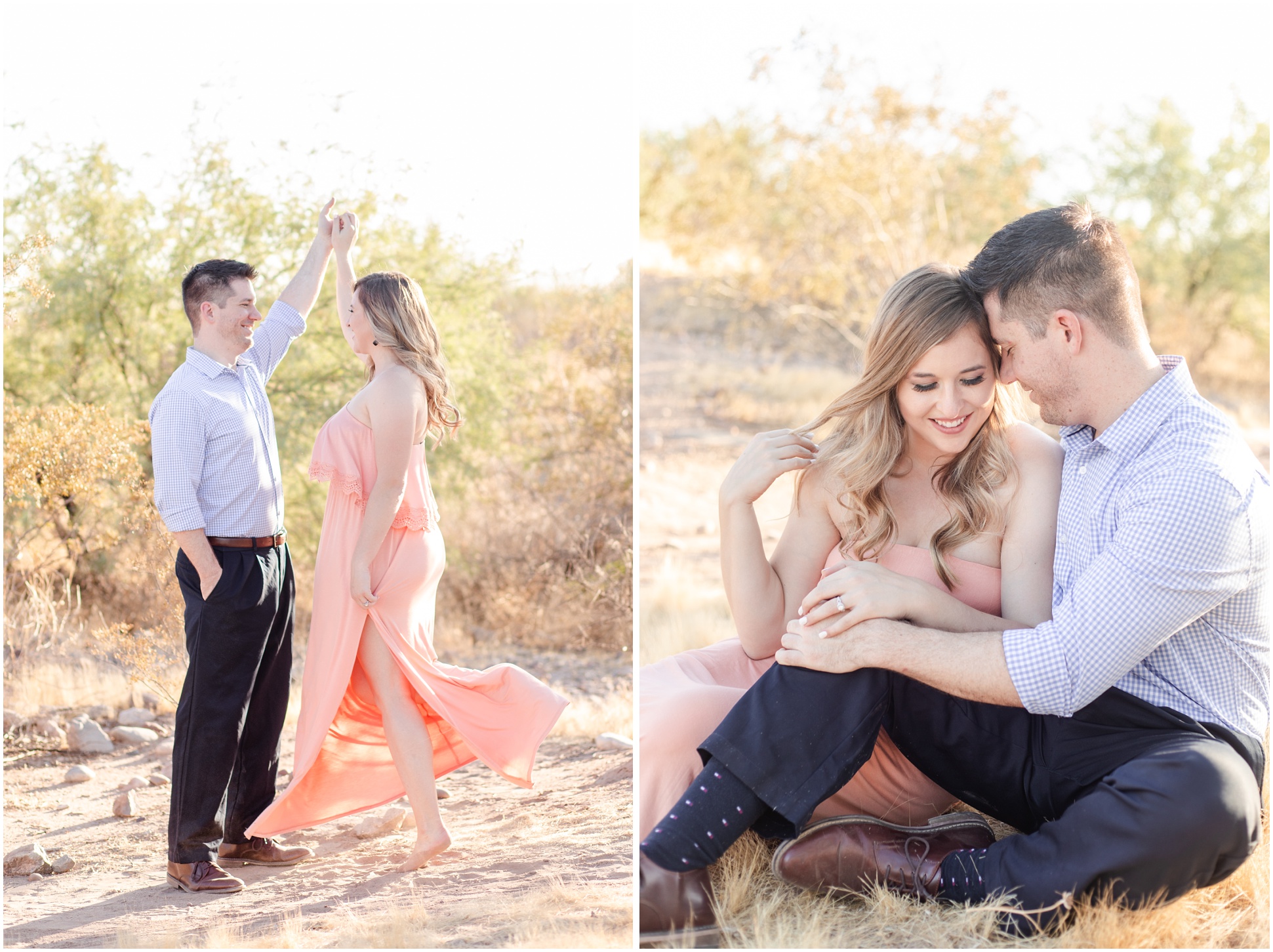 Left: Bride and Groom dancing during their engagement session, Right: Taylor and Matt snuggling by the Salt River
