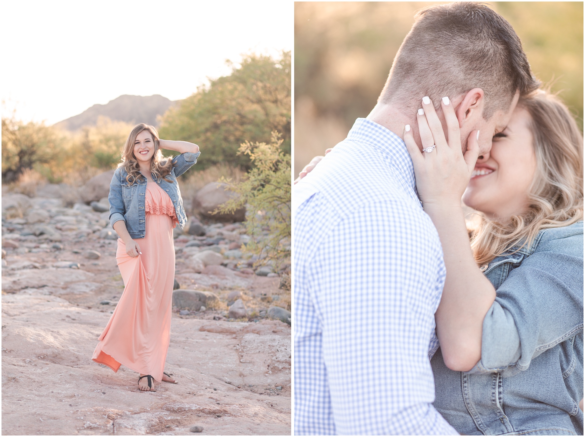 Left: Taylor wearing flowing dress and jean jacket for an individual portrait, Right: Taylor and Matt kissing while her engagement bling shines