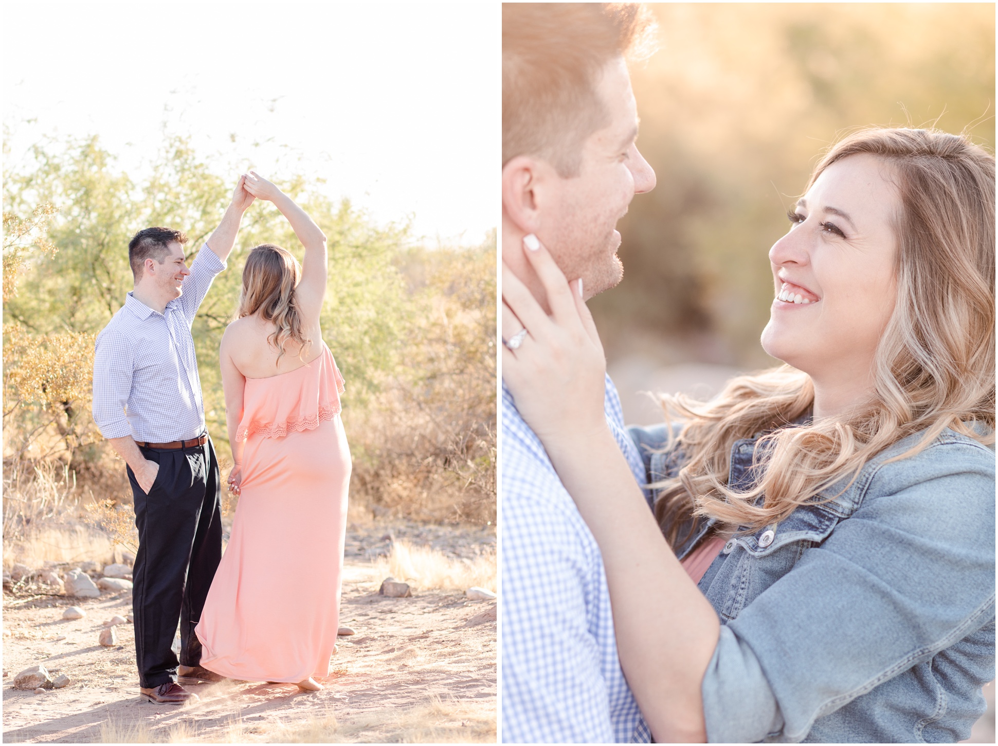 Left Photo: Male twirling Female in salmon colored dress at Phon D Sutton Recreational Park Right Photo: Bride giggling as she gazes into grooms eyes