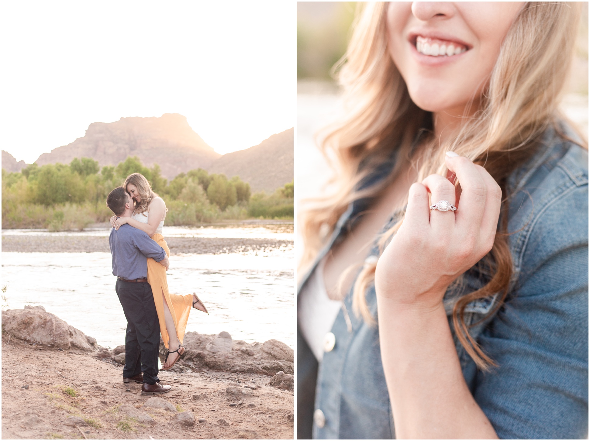 groom picking up wife by salt river; right photo- close up of woman twirling hair with ring in focus
