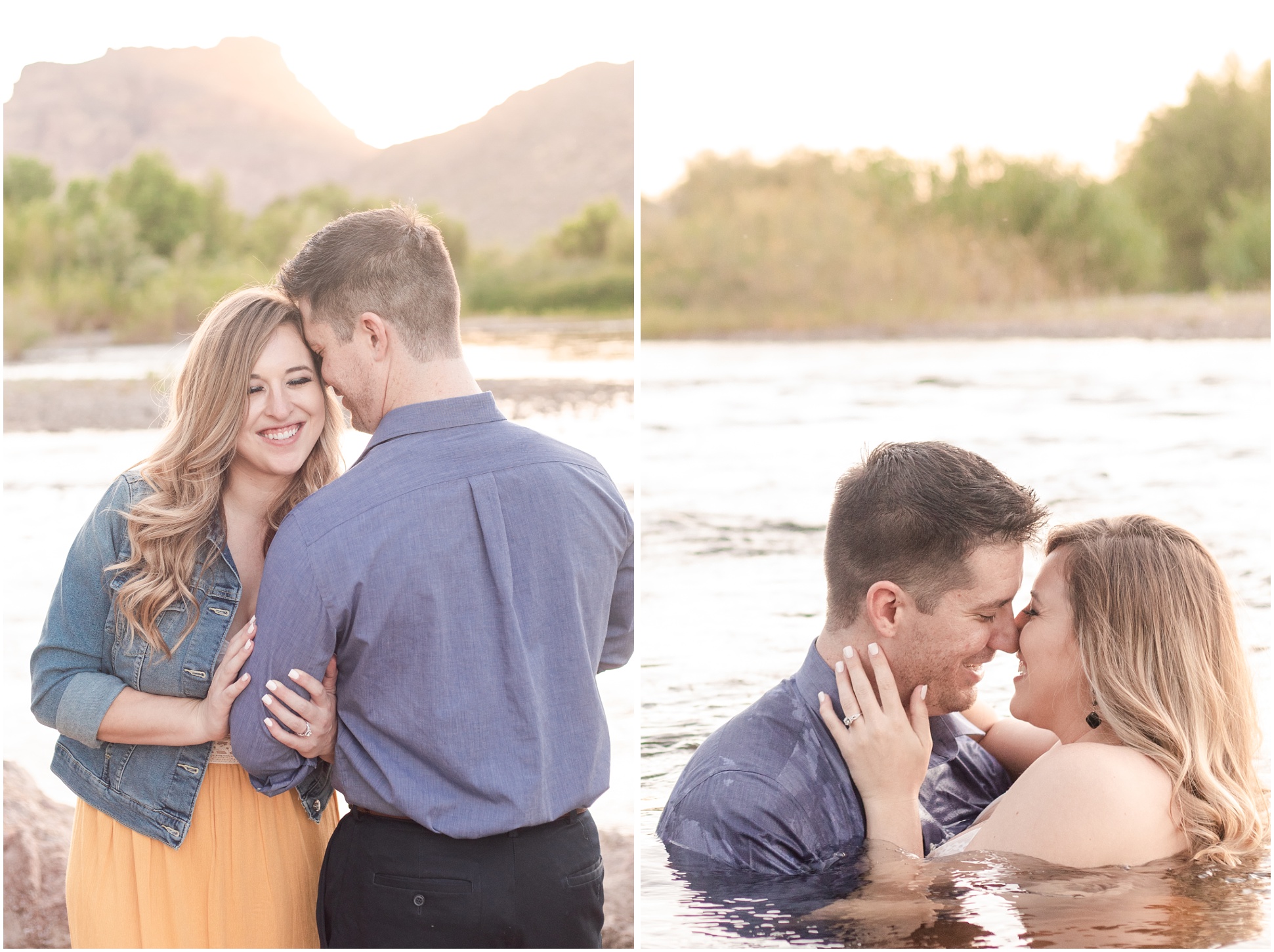 left- couple chest to chest while woman in orange dress holds man's arm (woman's profile); right; wife holding groom's face while hugging in salt river