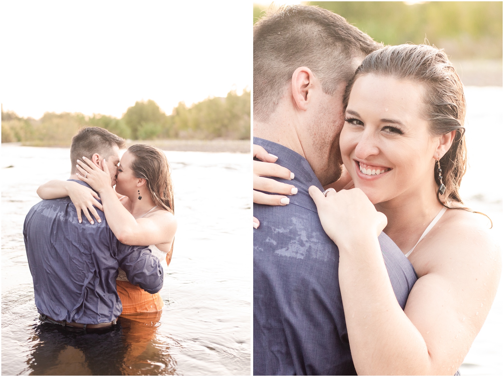 left- couple hugging while wife kisses groom's cheek; right- close up of couple hugging in salt river