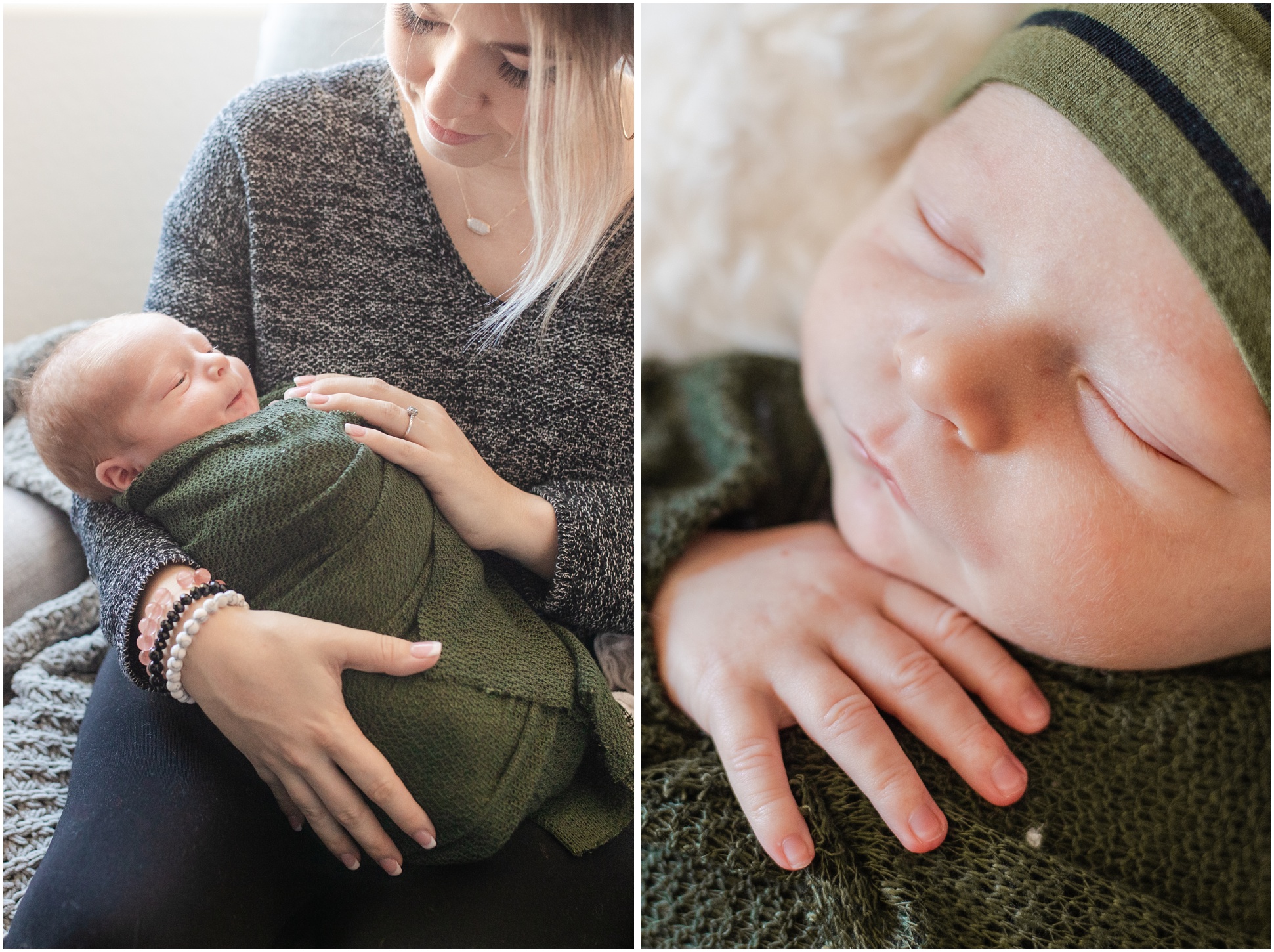 newborn baby in army green cradled on mom's leg; close up of newborn baby face in green swaddle with hand sticking out