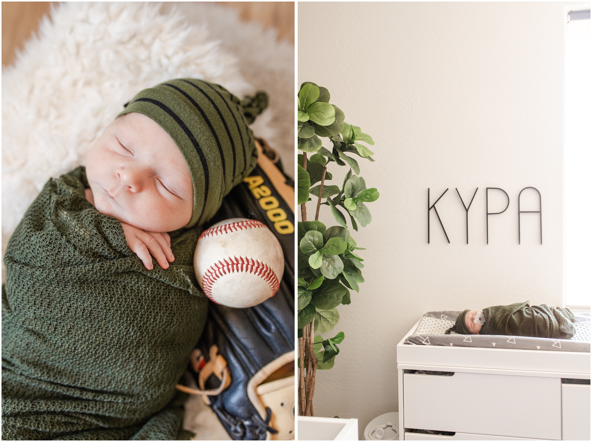 newborn swaddled in army green wrap and green night cap resting on baseball glove and baseball; metal letters spelling newborn's name above changing table while baby sleeps in changing table