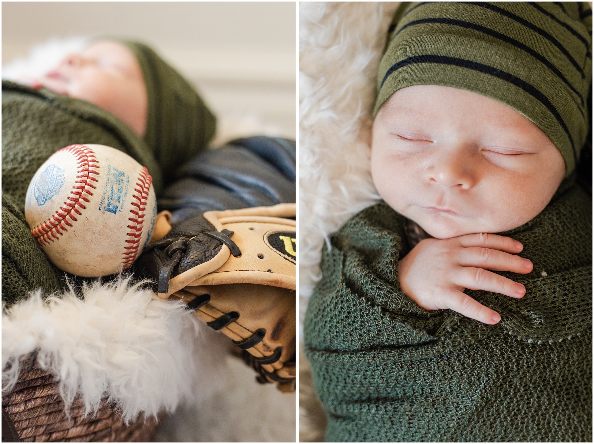 baseball glove and baseball in focus with baby in the background; above view of baby sleeping in green swaddle