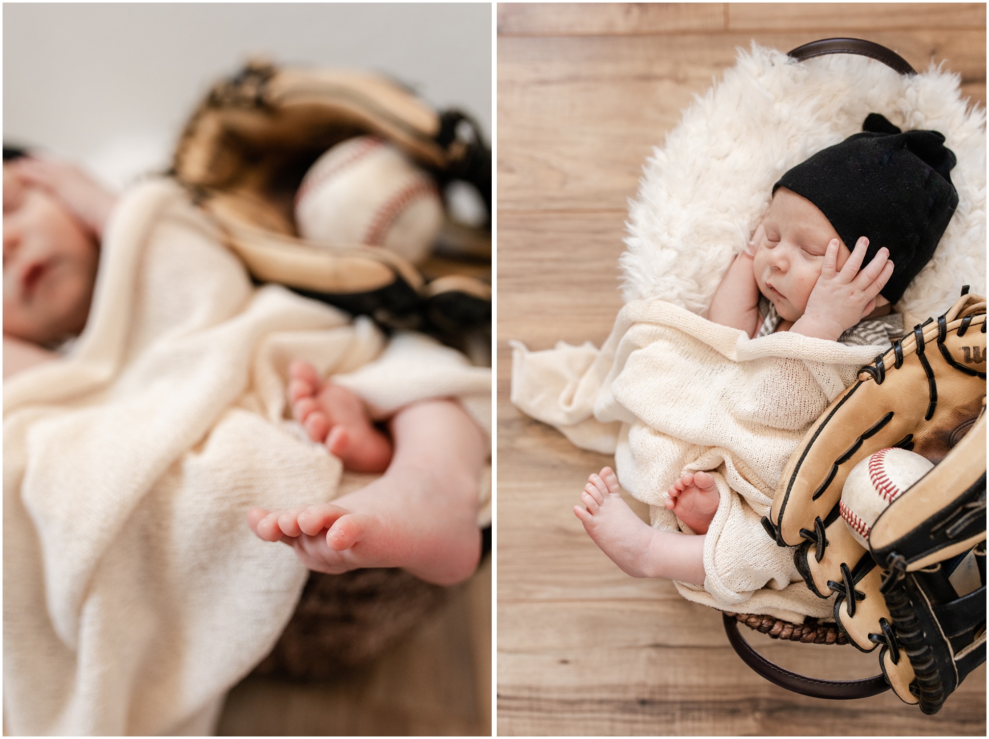 newborn baby's toes sticking out of cream colored wrap in basket with baseball and baseball glove in background; newborn in black beanie with cream colored wrap in fuzzy basket