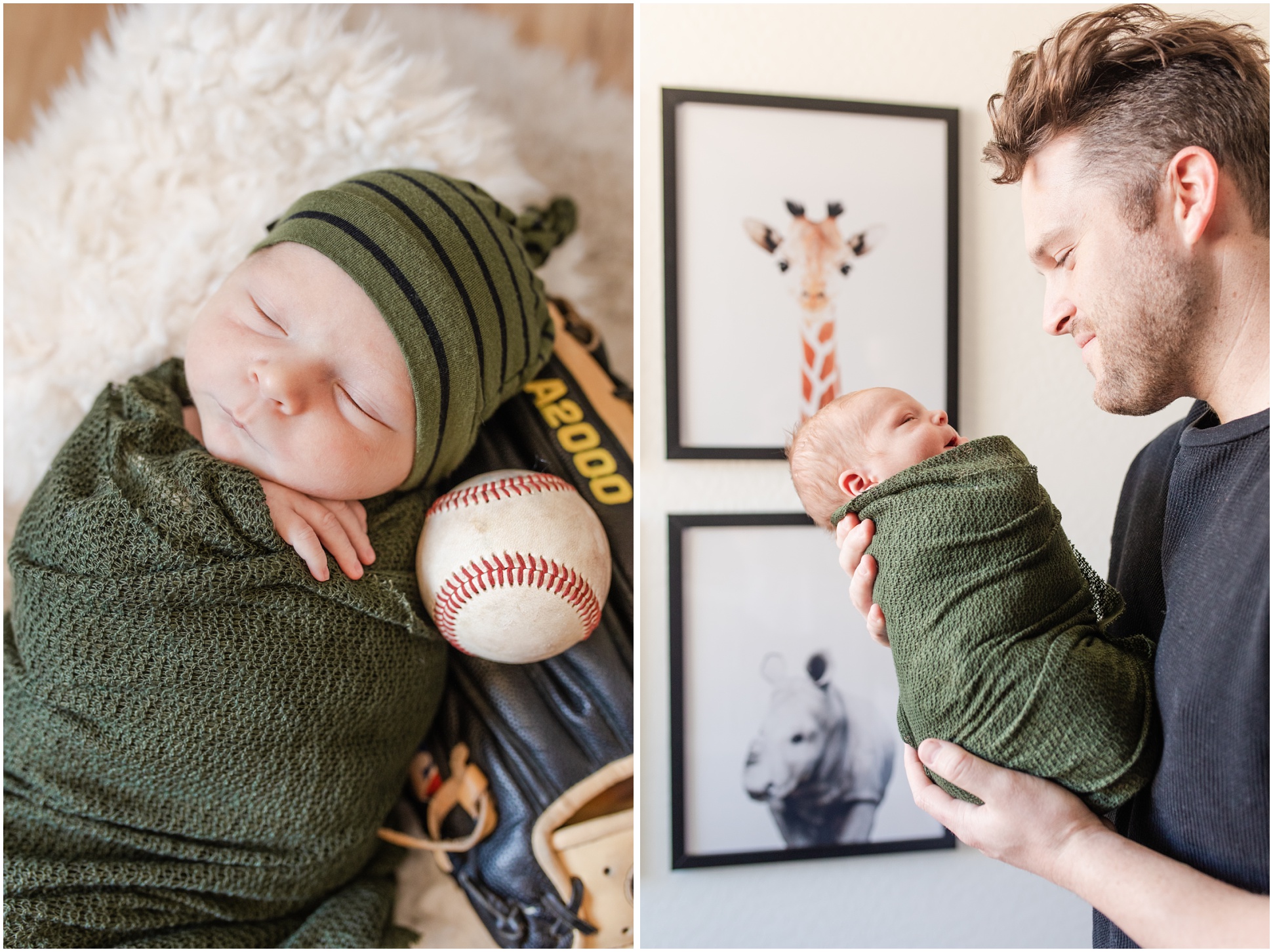 left; newborn in army green swaddle with green and black stripped hat on fuzzy blanket with baseball and catching glove, right; new dad holding newborn in front of his chest in army green swaddle (side profile)