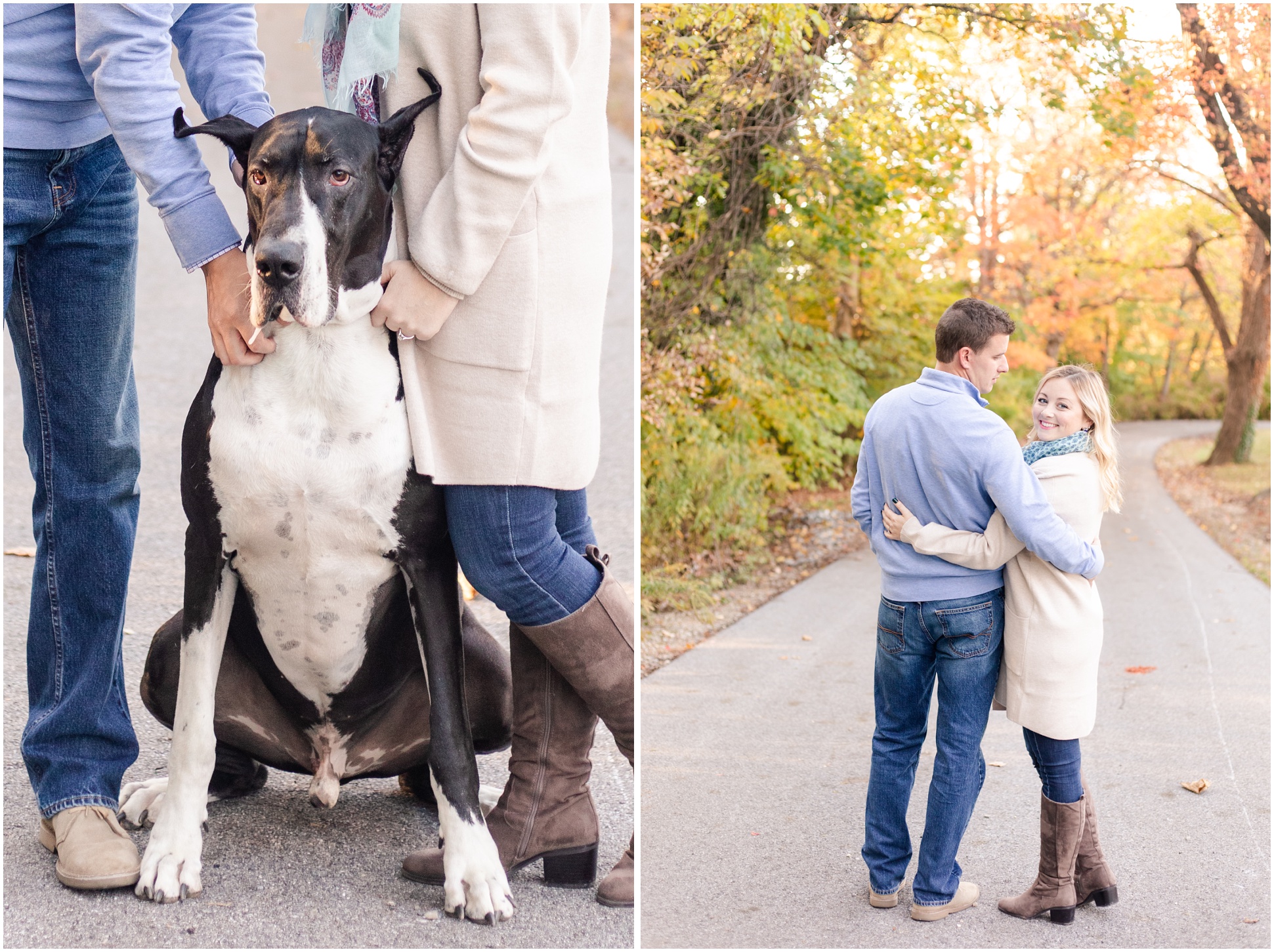 Black and white Great Dane sitting with Mom and Dad standing next to him; Couple side hugging while looking back at camera