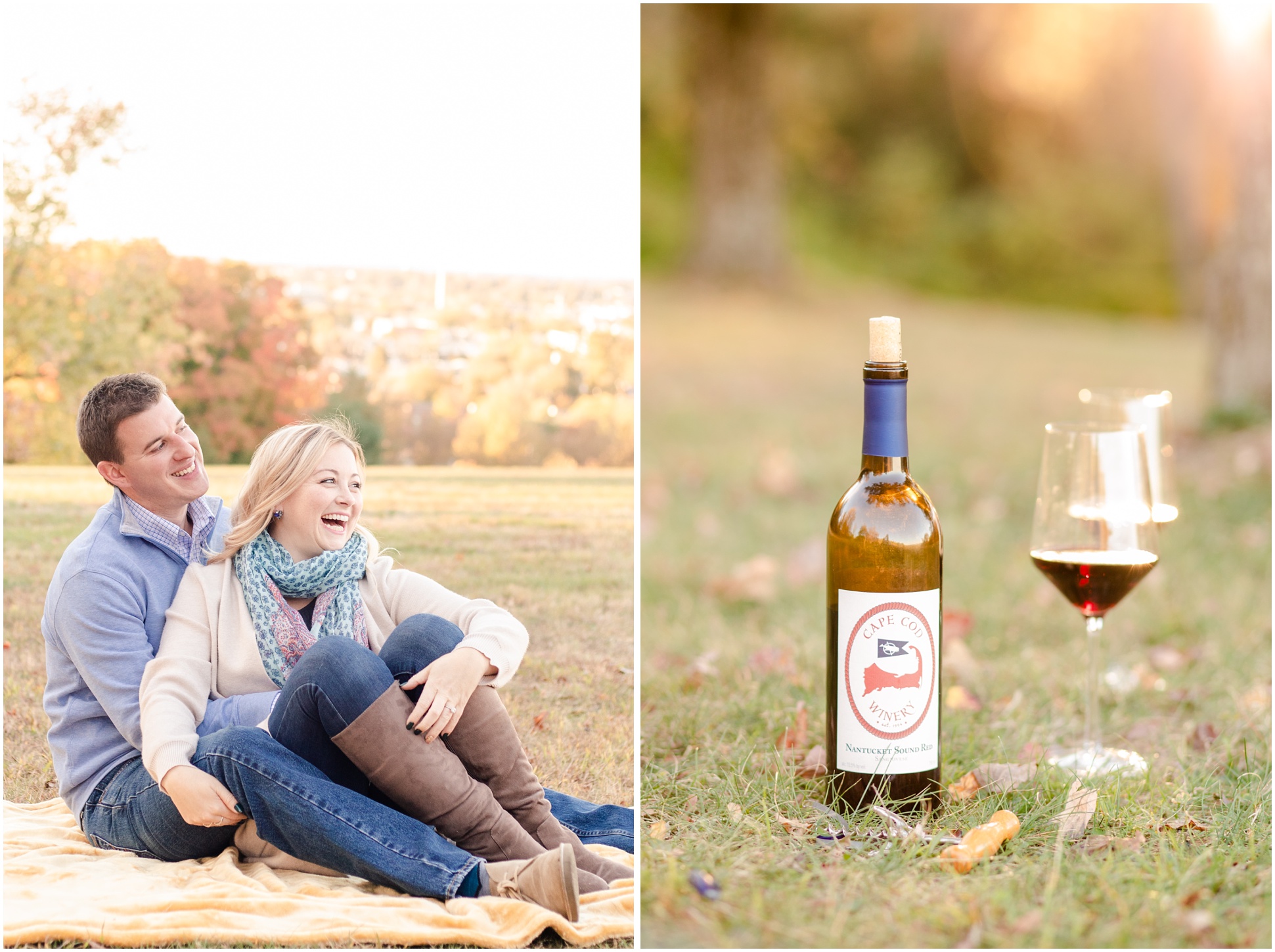 Couple sitting on blanket laughing; Wine bottle and wine glasses