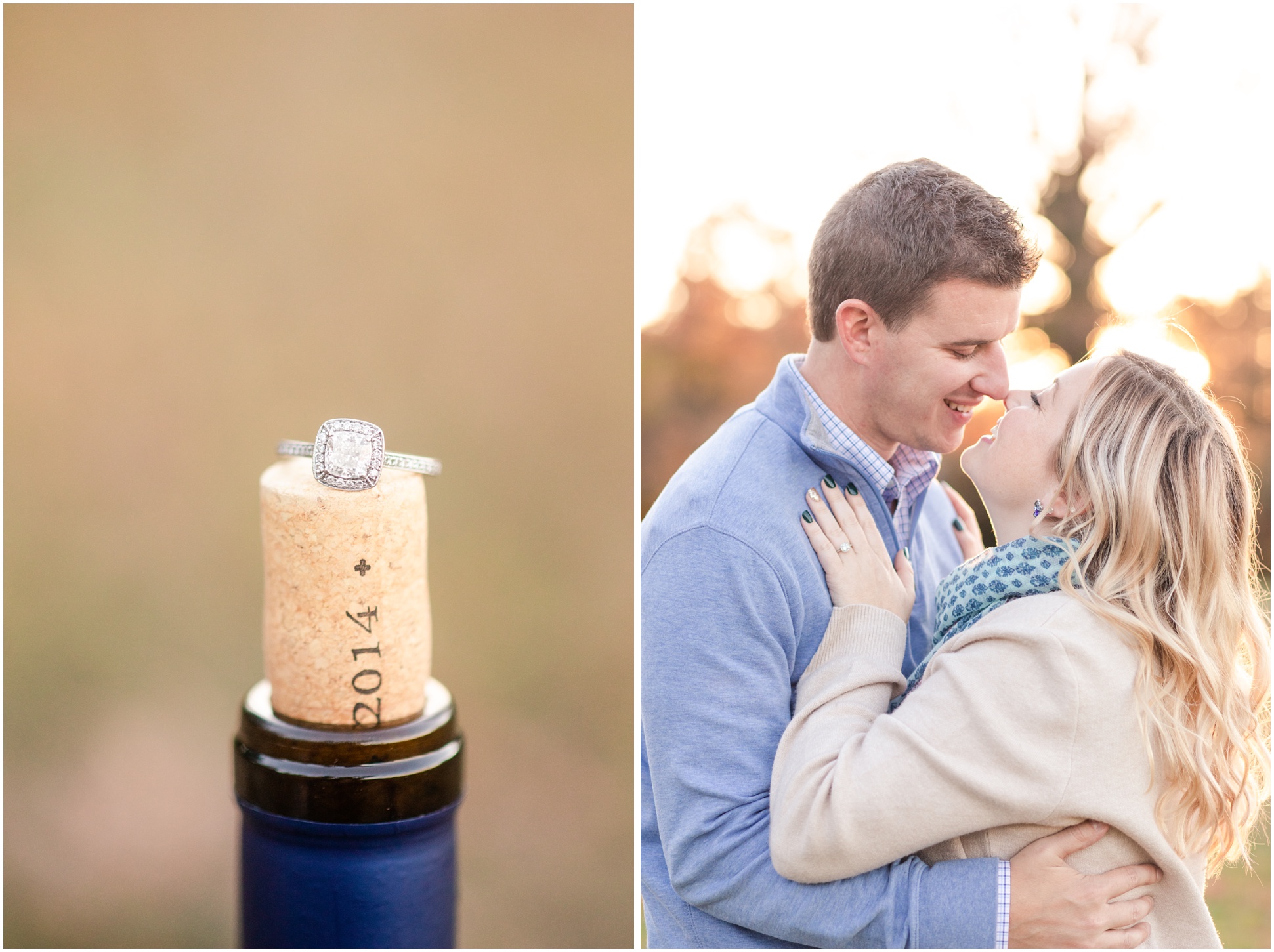 Diamond engagement ring on wine bottle cork; Couple holding each other in their arms and gazing in each other's eyes