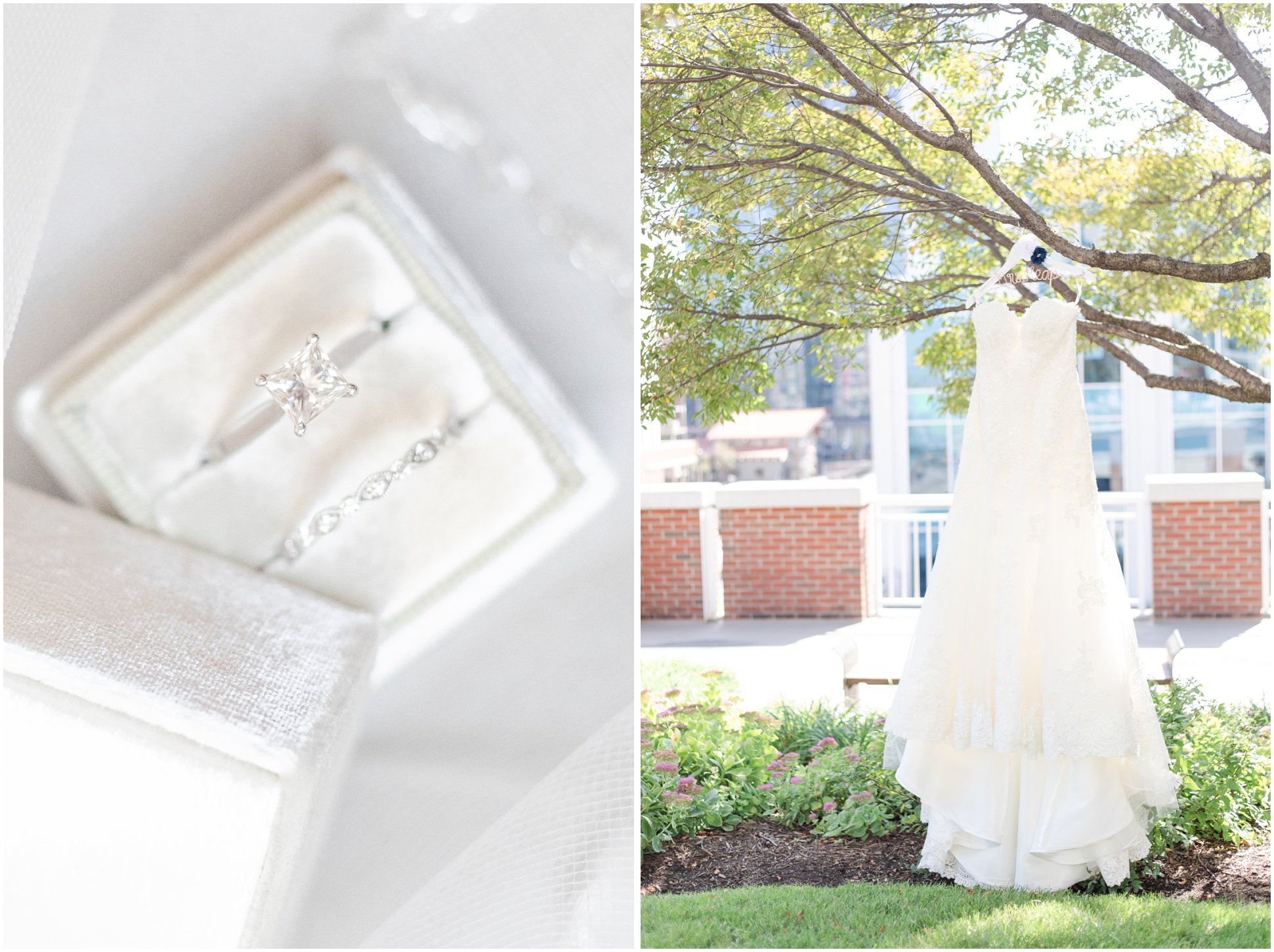 A Square diamond ring in the Mrs. Box, and a sweetheart wedding dress hanging from a tree