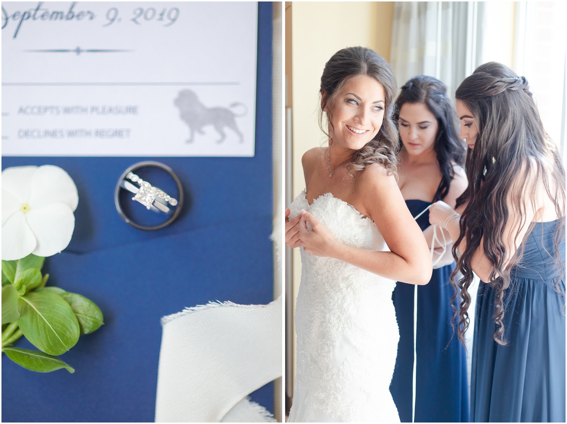 Left: rings on the blue invitation, right: bride getting into her dress