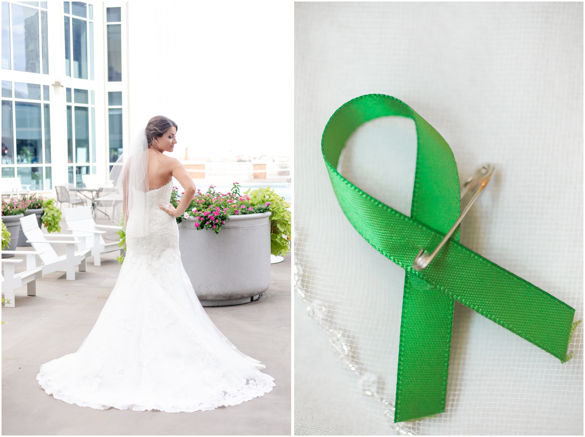 Left: Bridal Portrait, Right: Green ribbon on veil for kidney disease