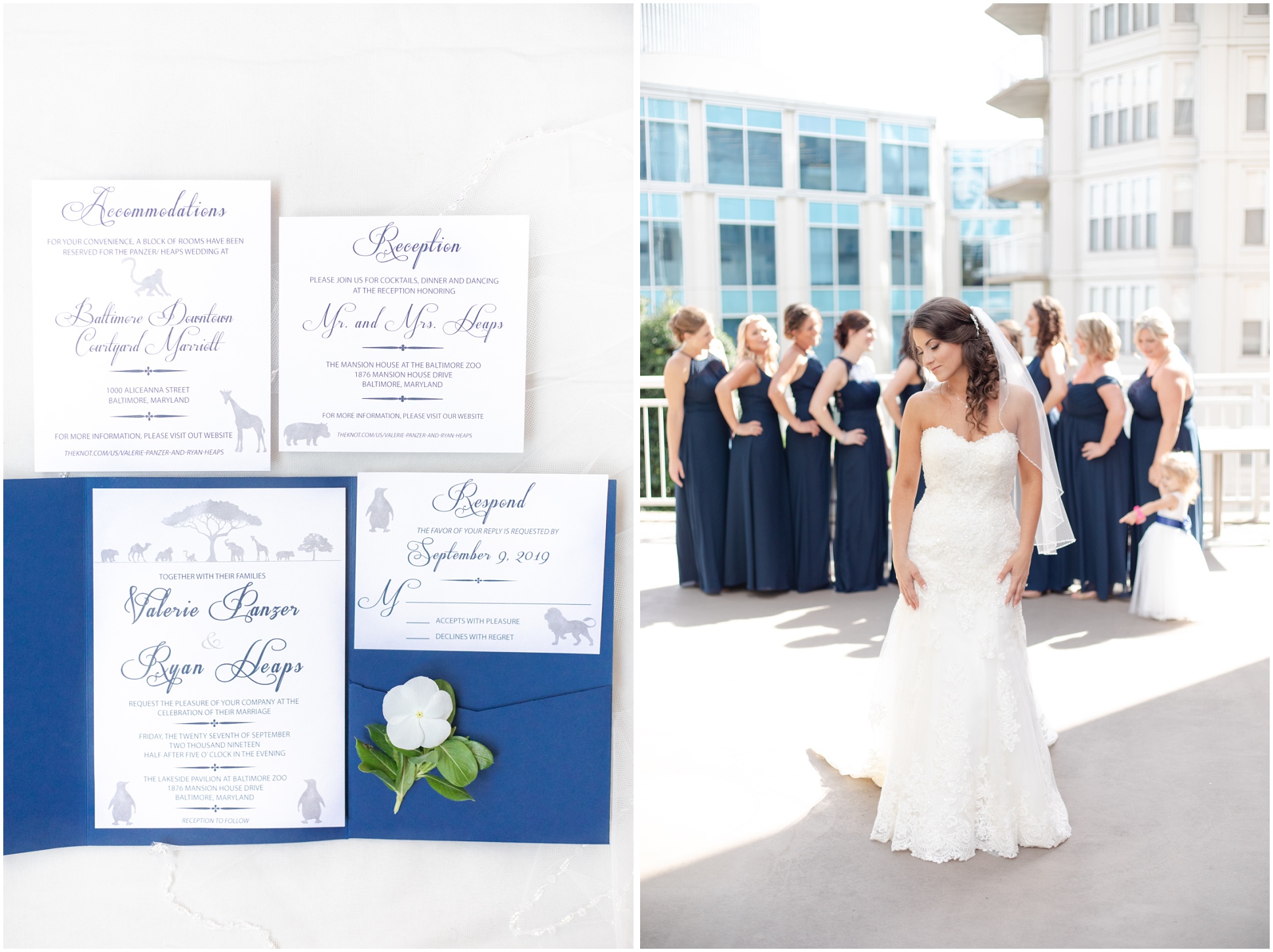 Left: Invitation suite with tiny flower, right: bride in front of bridesmaids at the hotel