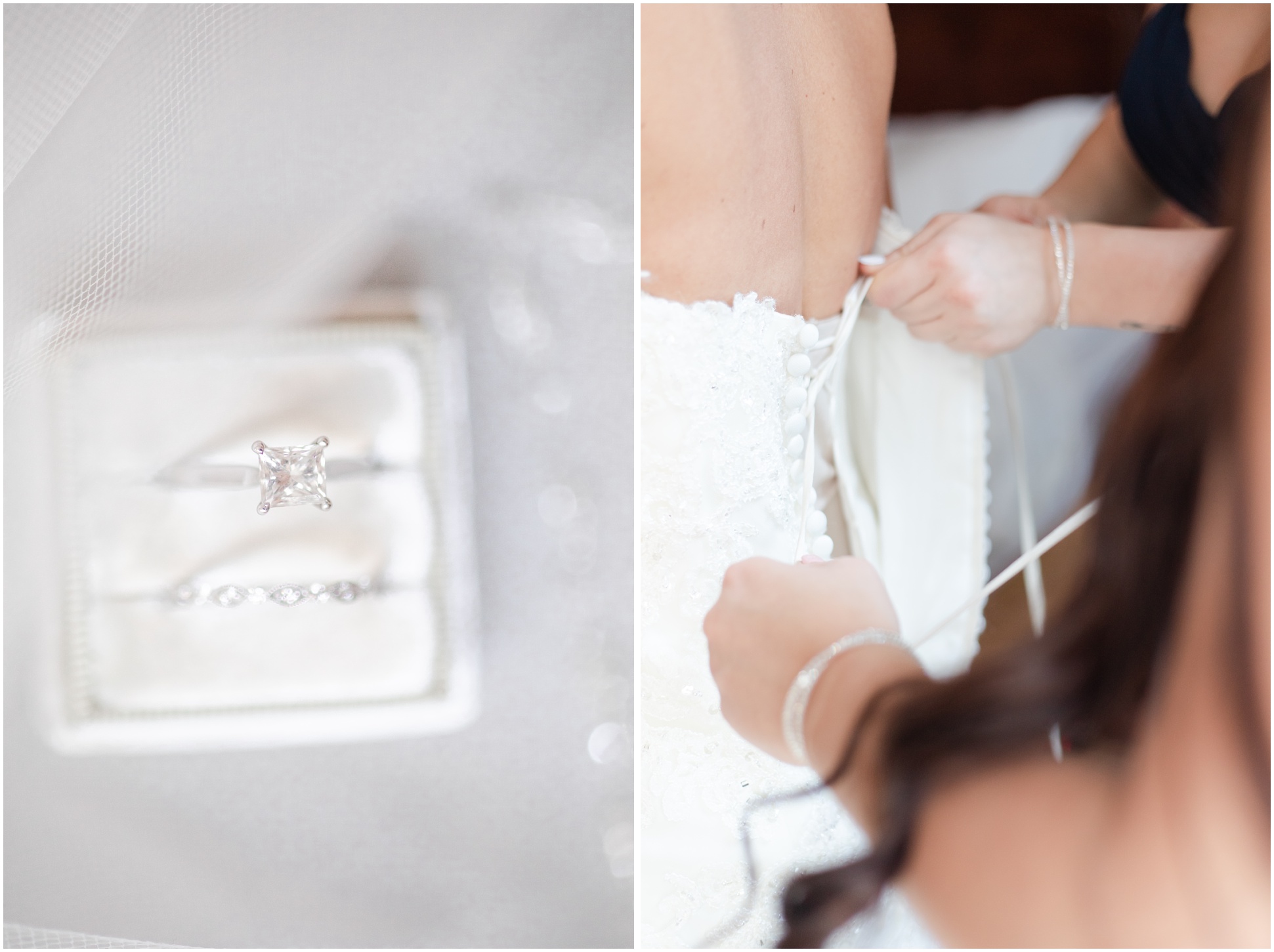 Left: Square diamond ring with wedding band in the Mrs. Box, Right: Bridesmaids tying the bride's dress