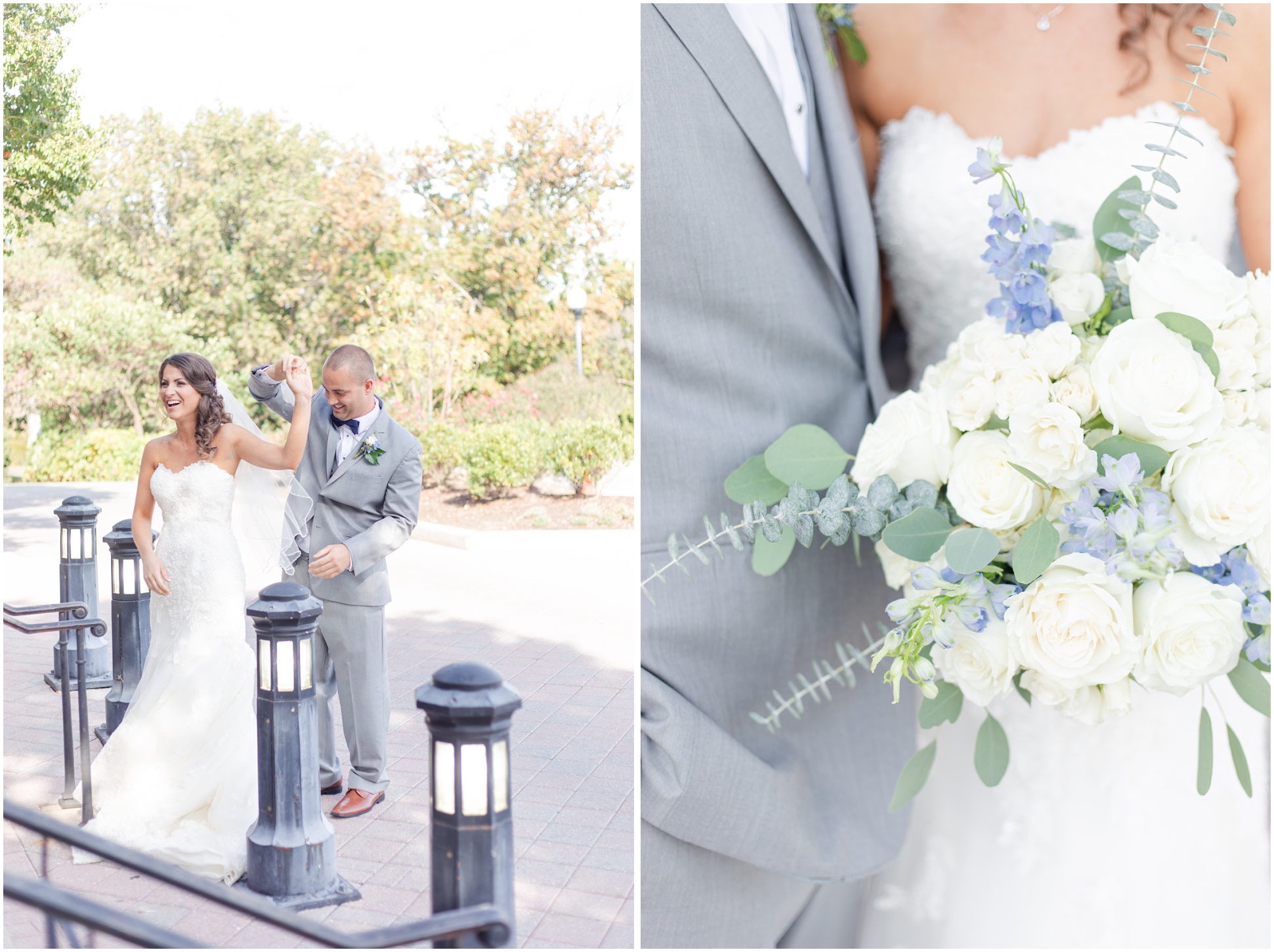 Left: Groom twirling bride during the first look, Right: close up of white, sage green, and blue bridal bouquet
