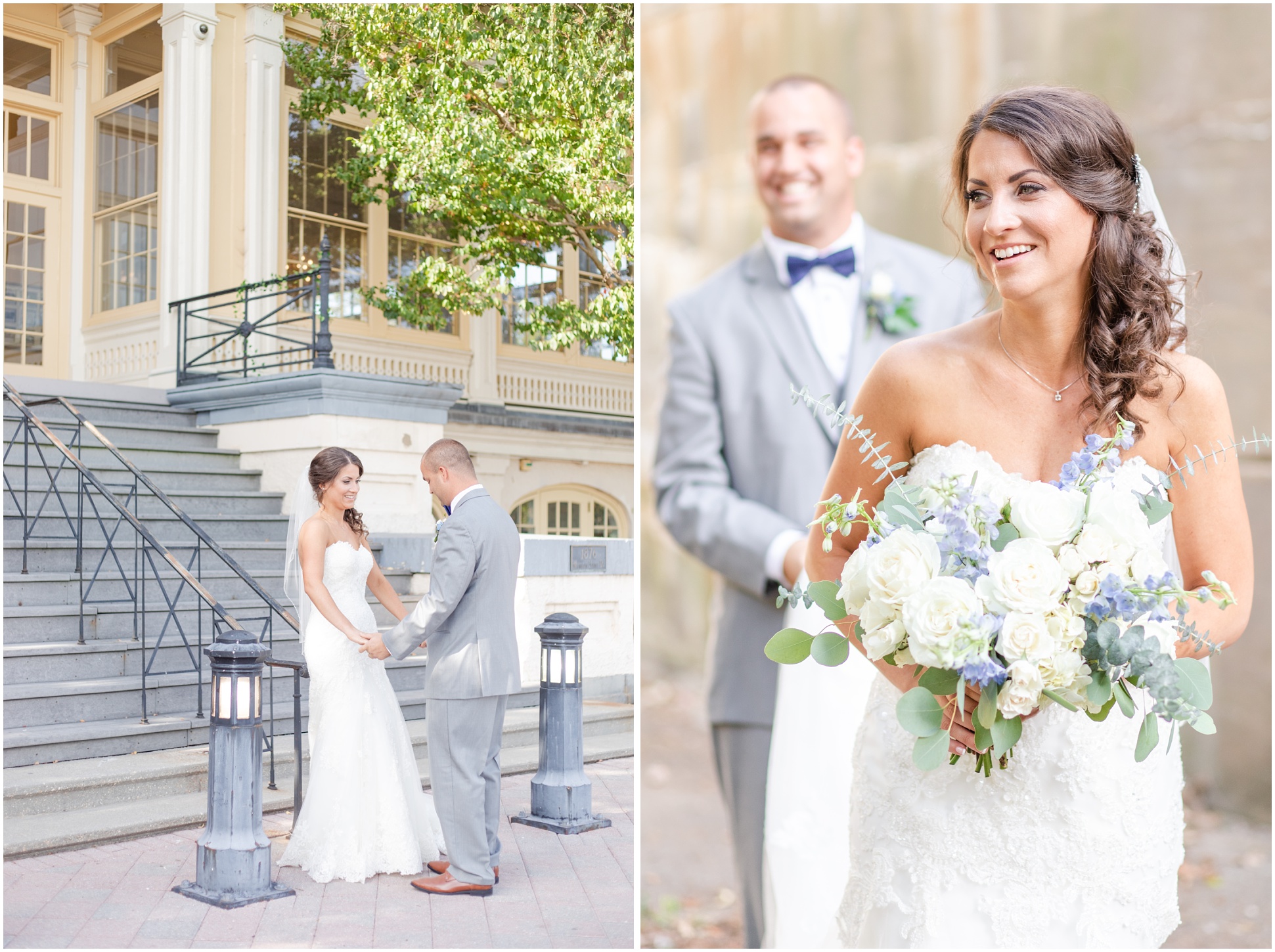 Left: Bride and groom looking at each other during first look, Right: Groom holding the train of the brides gown against a stone wall