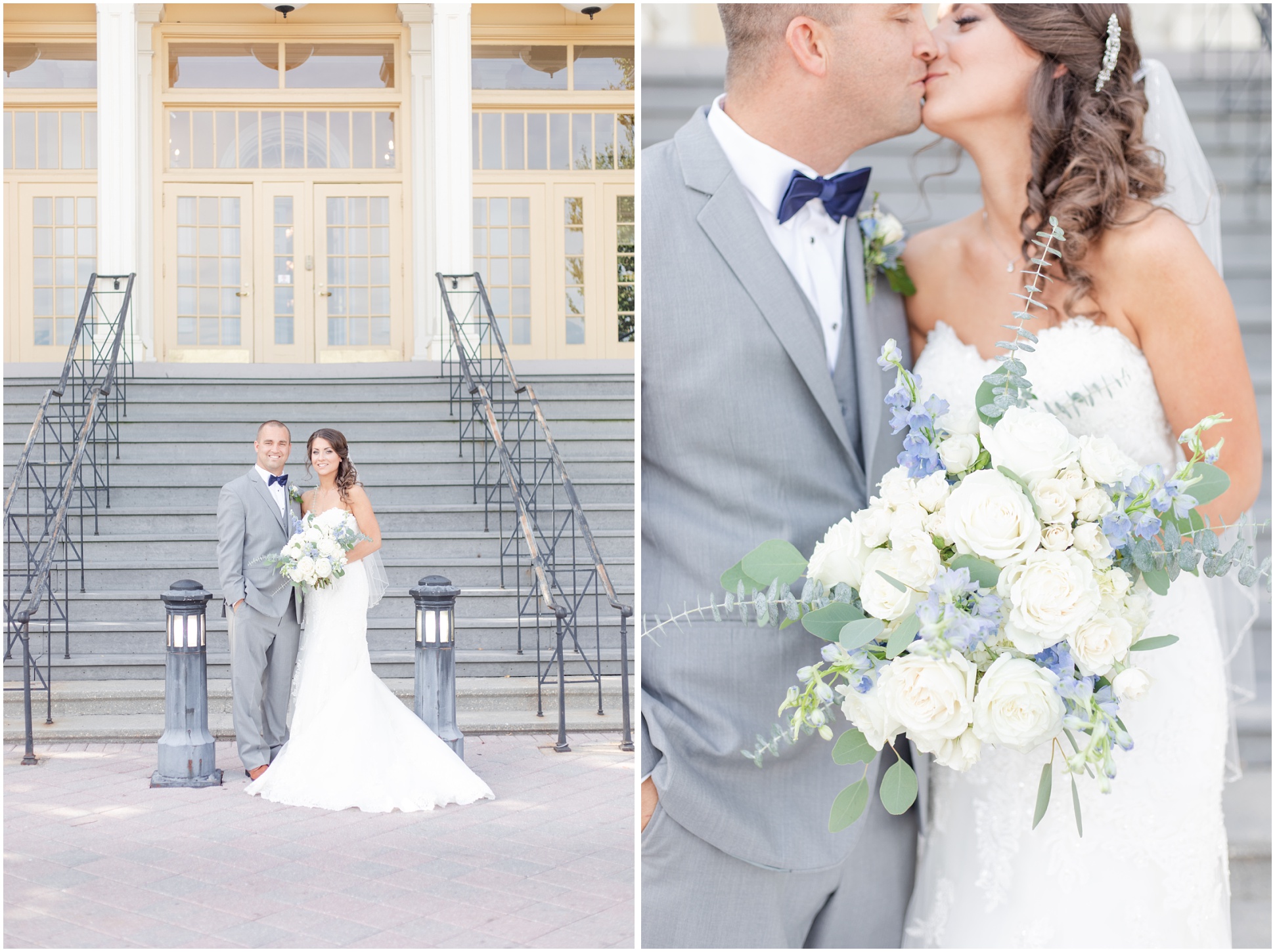 Two images of the bride and groom standing in front of the stairs of the Maryland Zoo Mansion