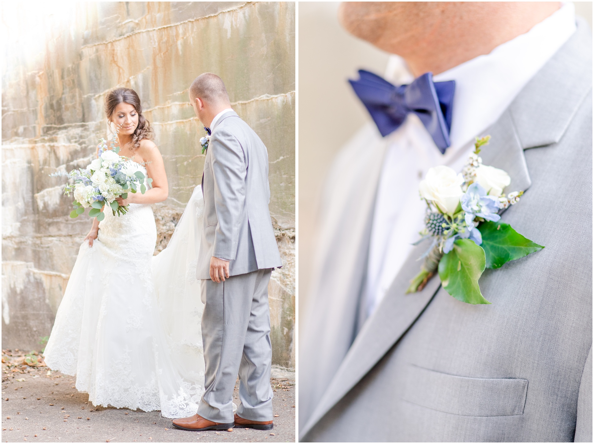 Left: Groom holding the train of his bride's dress, right: close up of groom's bow tie and boutonniere 