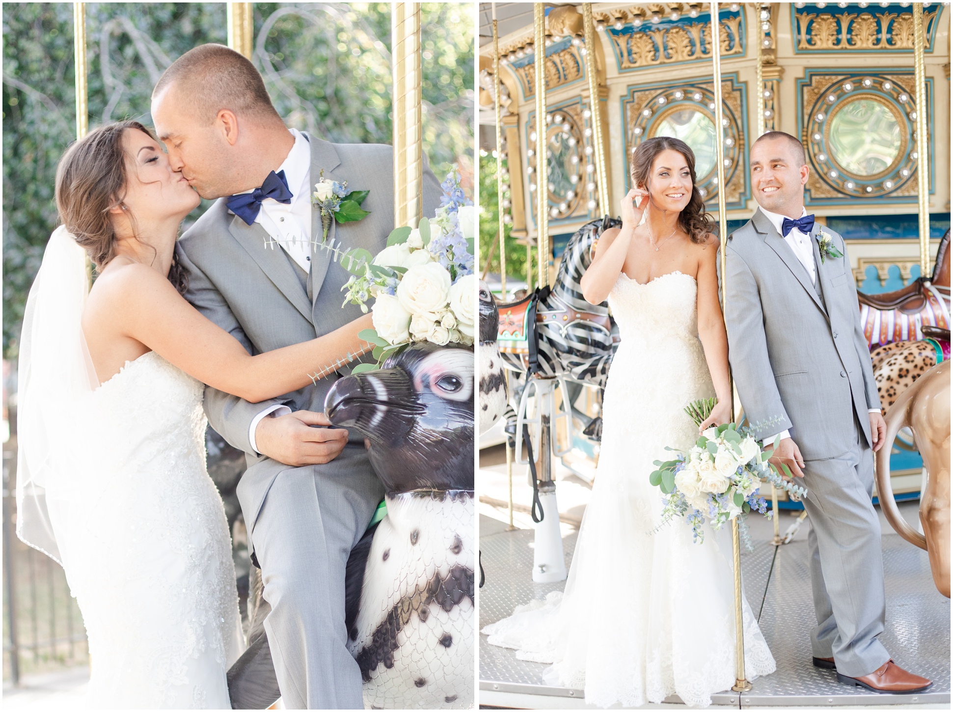 Two photographs of the bride and groom hanging out on the carousel at the Maryland Zoo for portraits