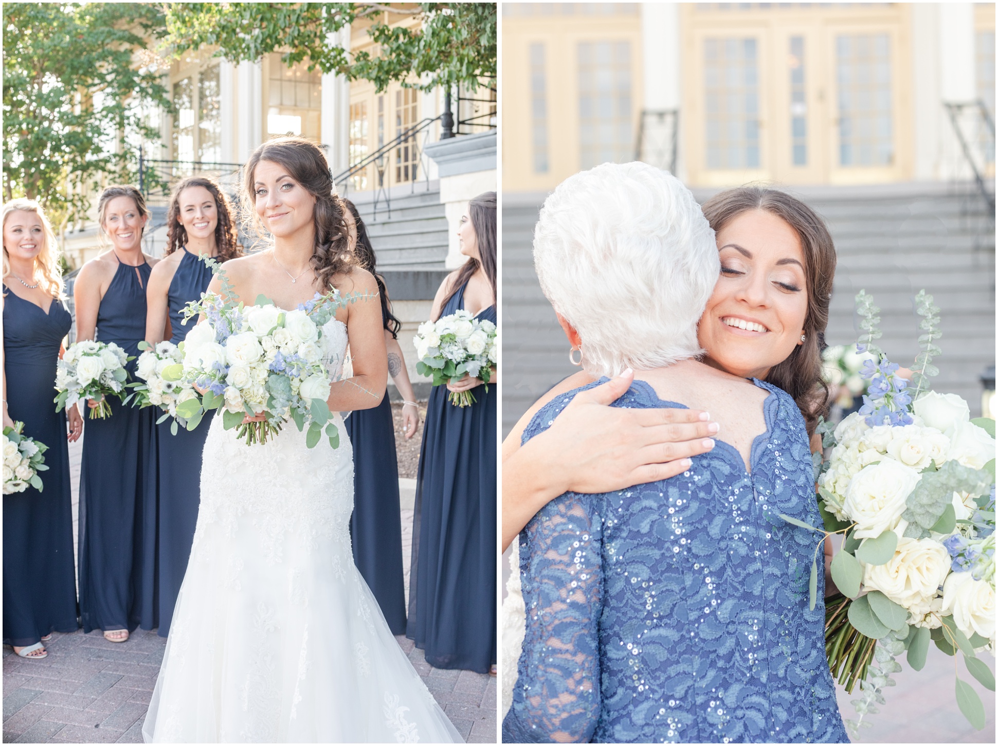 Left: Bride with her bridal party in navy blue long dresses, Right: Bride greeting her grandmother in law