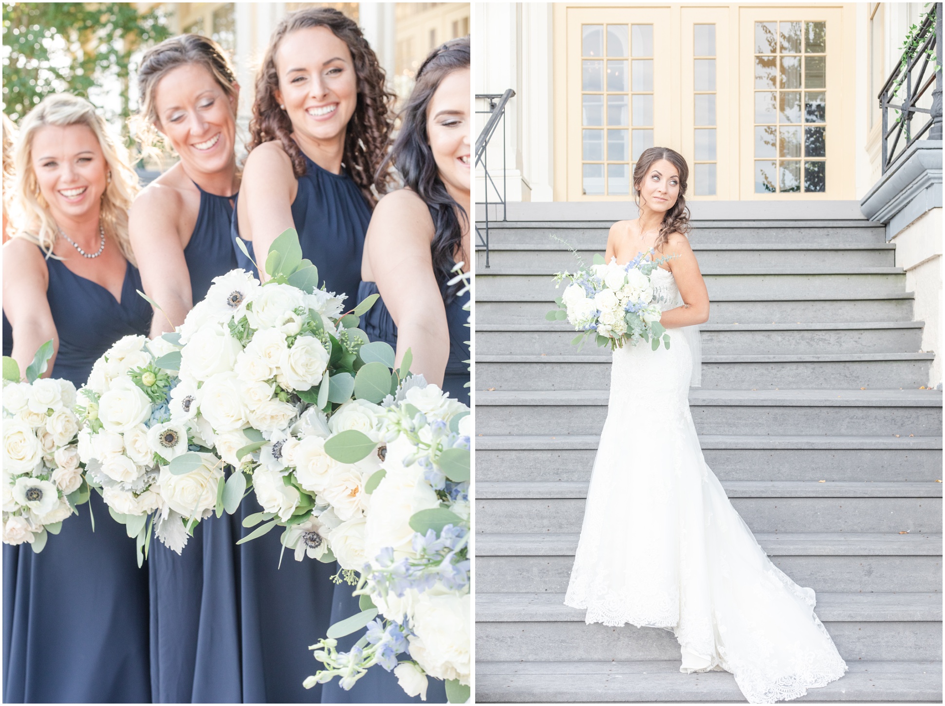 Left: Bridesmaids holding out their bouquets, Right: Bride standing on the steps looking over her shoulder