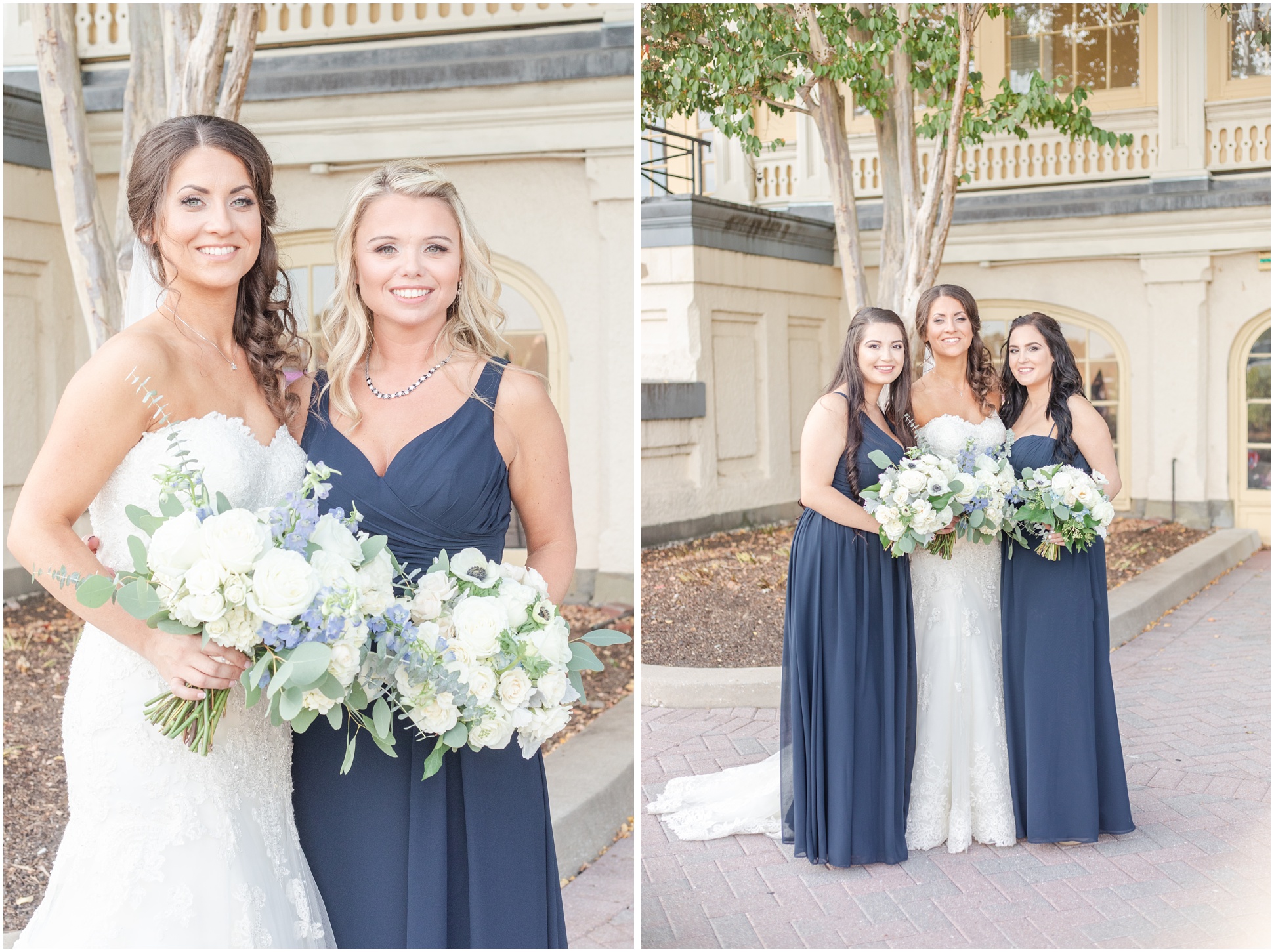 Two images of Valarie with a few of her bridesmaids in navy blue long dresses