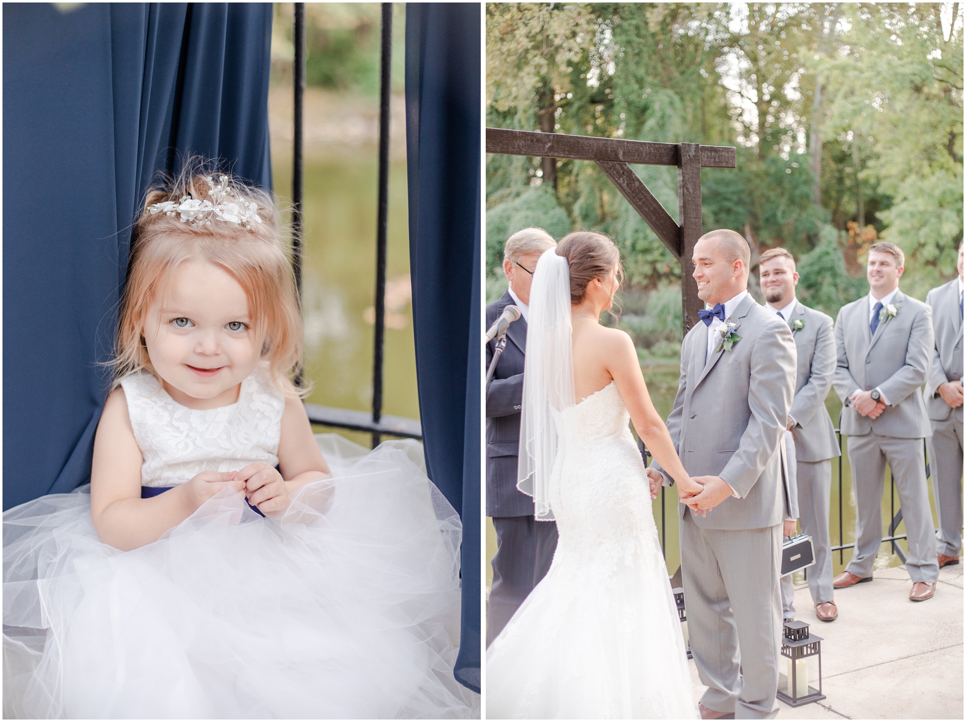 flower girl smiling at the camera and couple holding hands at the alter