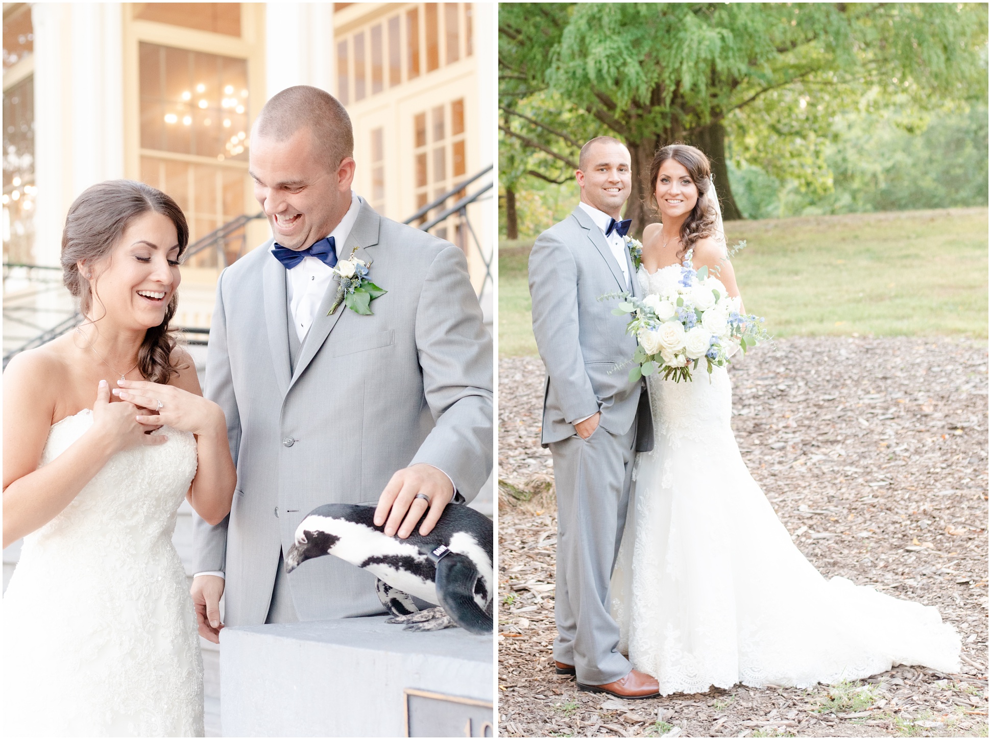 Two portraits of the bride and groom with the penguin, Dawn.