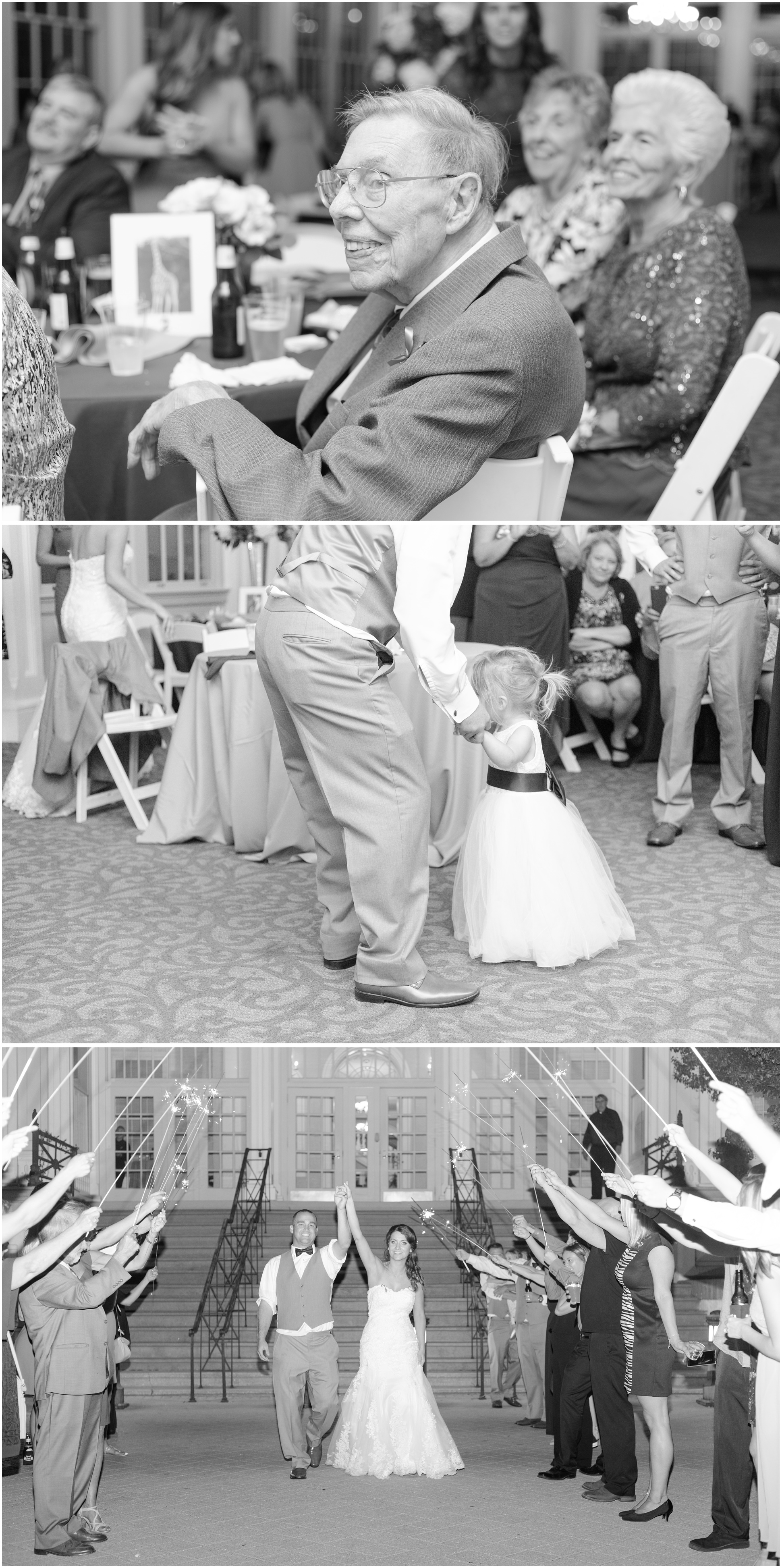 Black and white photograph of family members watching their first dance, the groom dancing with the flower girl, the sparkler exit