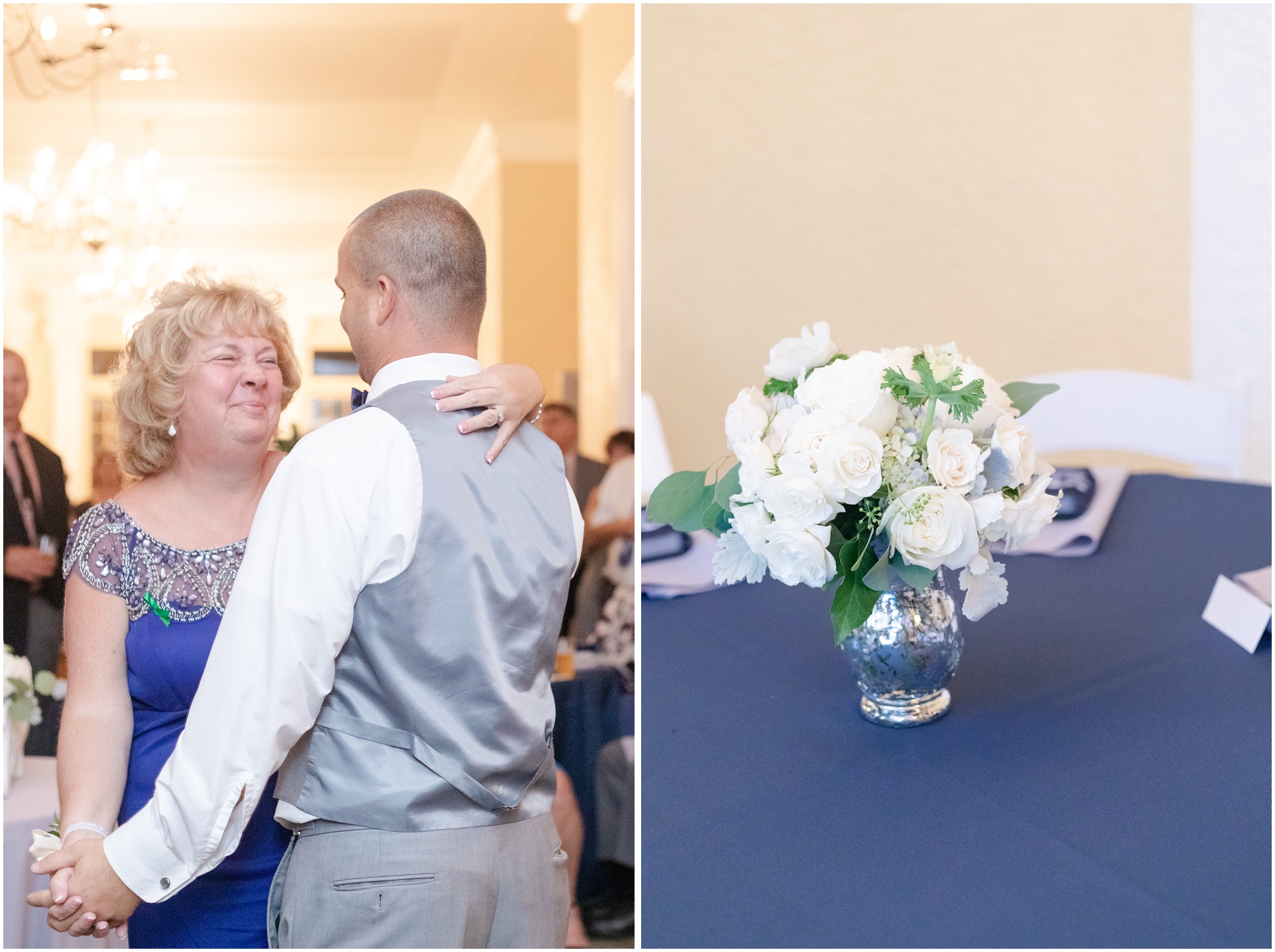 Left: Groom and his mom dancing, right: table centerpiece