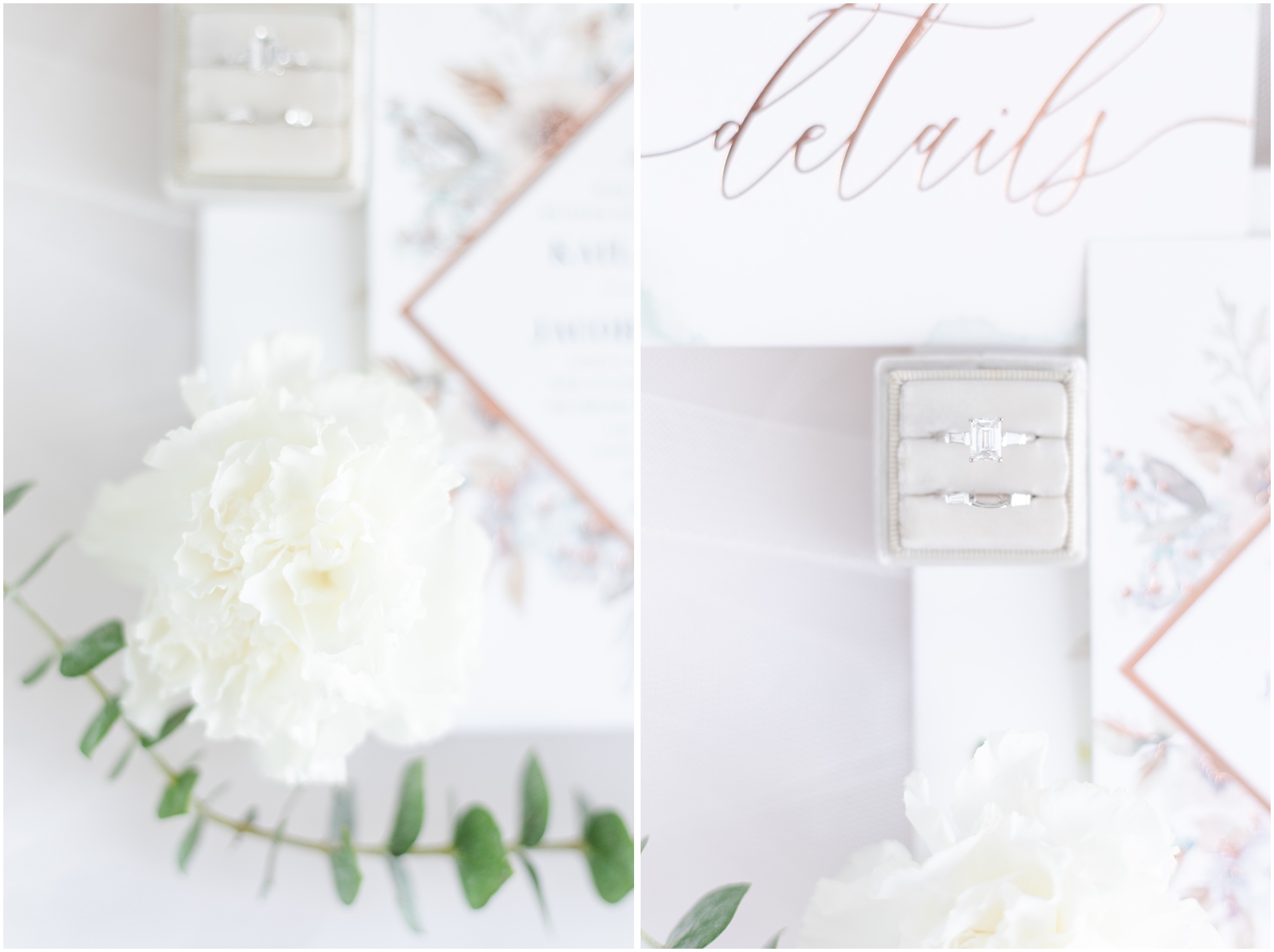 white carnation wedding flat lay, diamond wedding ring in grey box flat lay