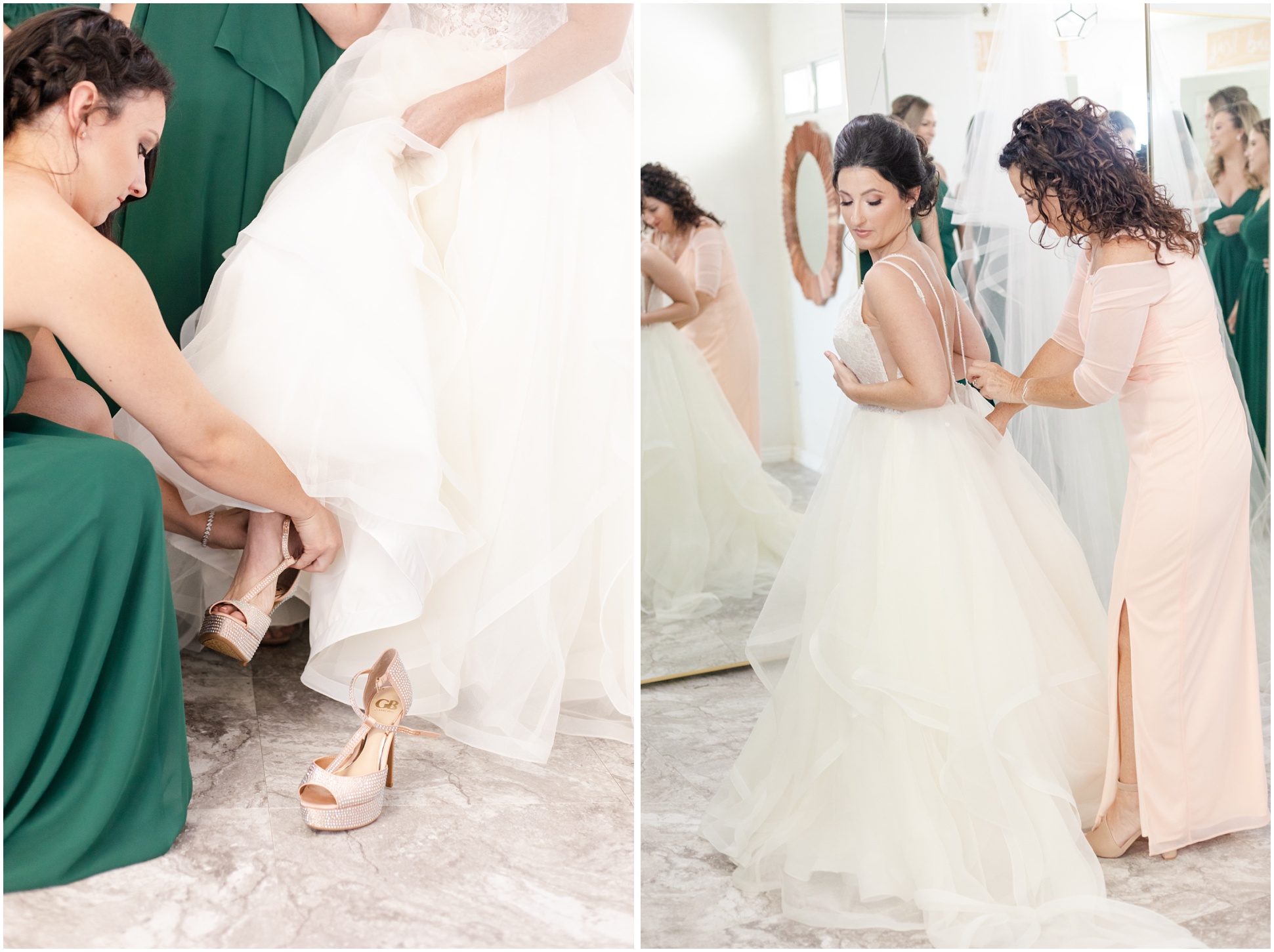Bridesmaid helping bride put on champagne heels, mother zipping up brides dress