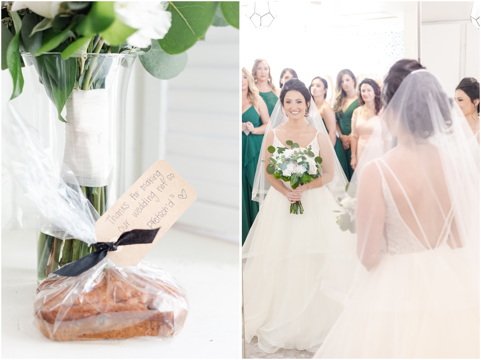 Pumpkin chocolate chip bread loaf in front of bouquet, bride holding bouquet in front of mirror with bridesmaids behind her