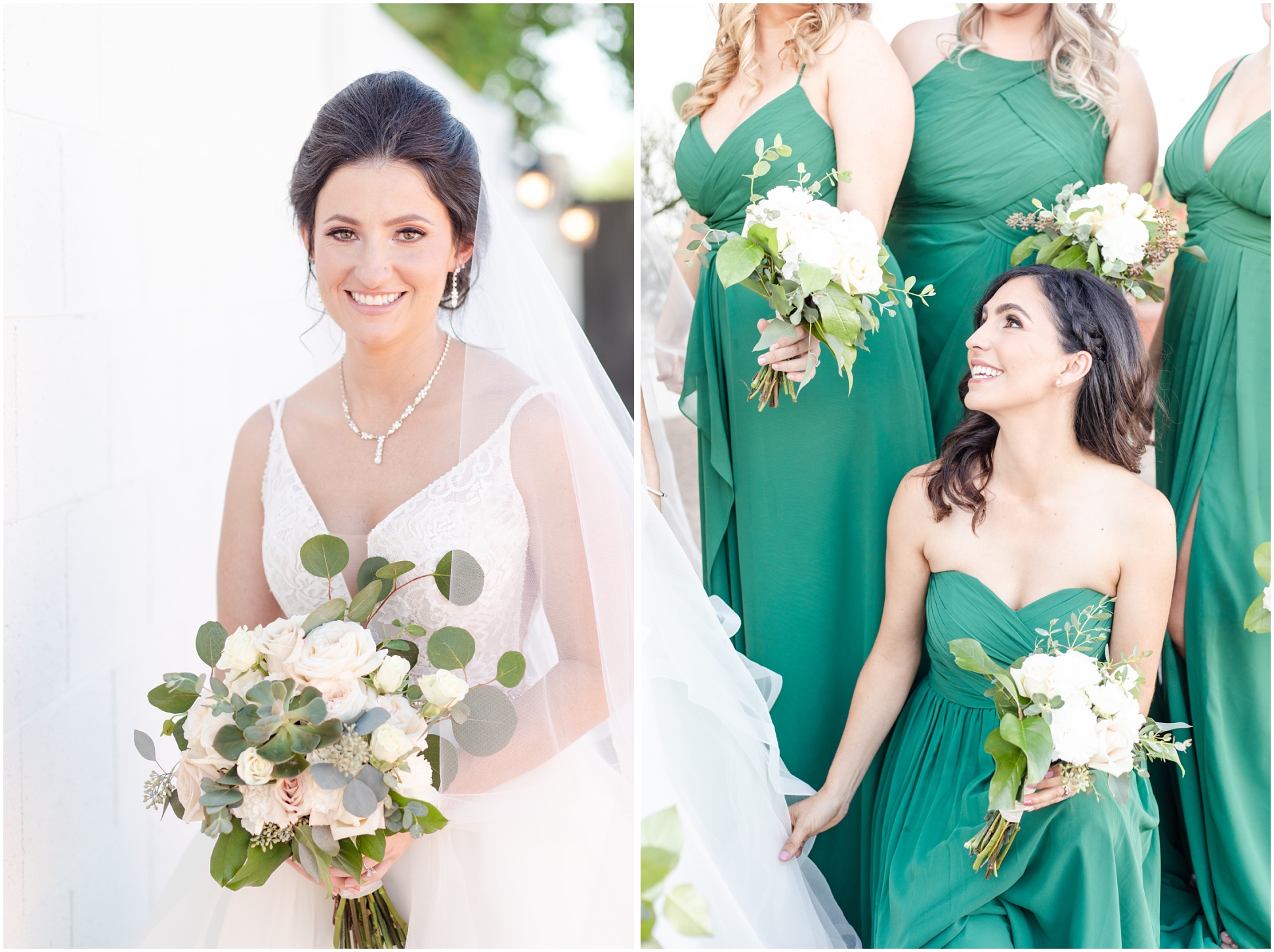 Bride smiling at camera holding champagne rose bouquet, Bridesmaids holding bouquets in green dresses